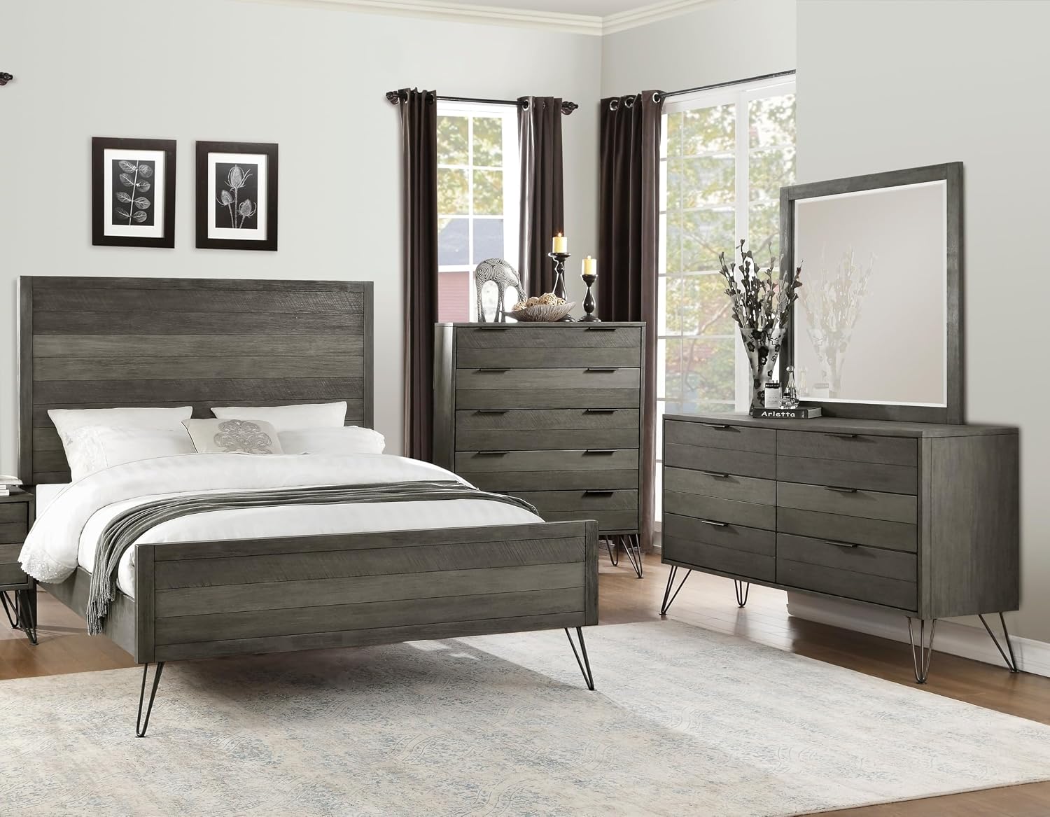 4-Pieces Bed Set Contemporary Style Queen Size Panel Bed Multi Gray Finish Solid Acacia Wood Bedroom Furniture