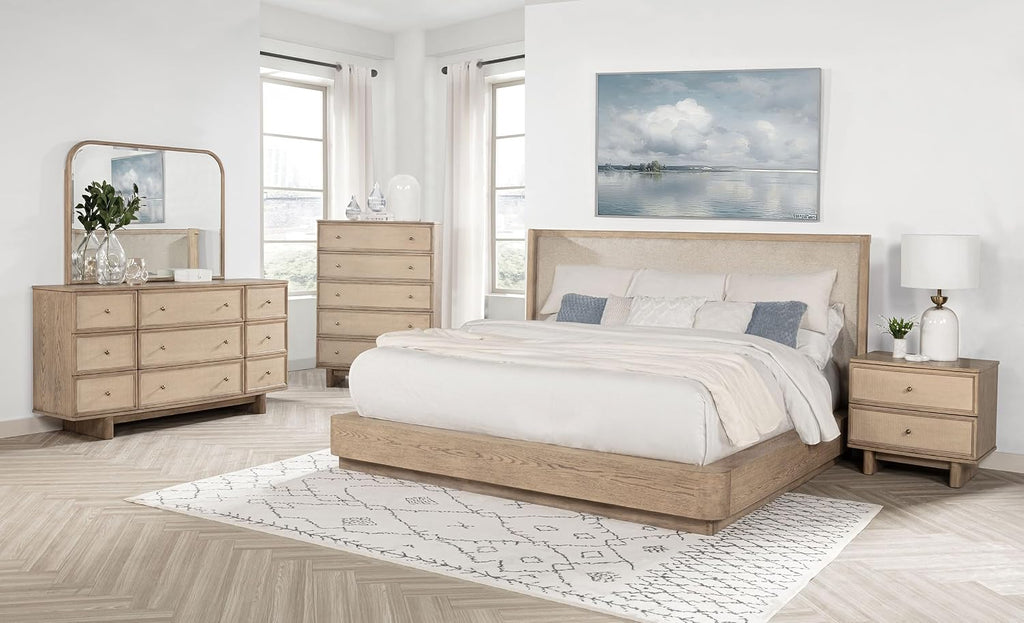 Coaster Home Furnishings Kailani Coastal 5-Piece Bedroom Set Fabric Upholstered Eastern King Size Wingback Bed Frame 49-inch Headboard Beige Oak 225041KE-S5