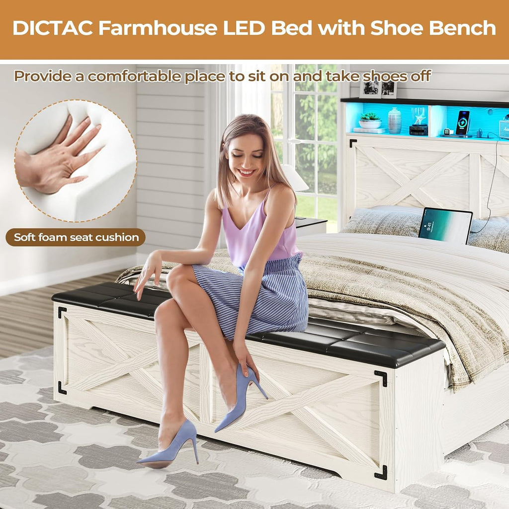 DICTAC Farmhouse Queen Bed Frame with Storage Headboard, Charging Station and LED Lights Wood Platform Bed Frame Queen Size with Storage Ottoman,Metal Slats Support,No Box Spring Needed, Antique White