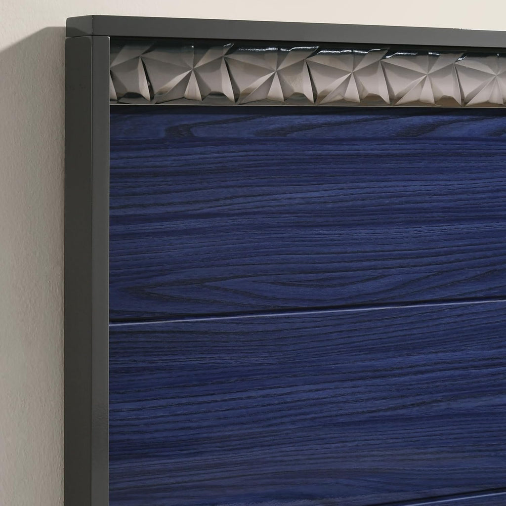 Furniture of America Scape Glam Solid Wood 5-Piece Bedroom Set with Geo Chrome Molding, Felt-Lined Top Drawer, Metal Side Glide, Square Knobs, No Box Spring Needed, King, Indigo Blue