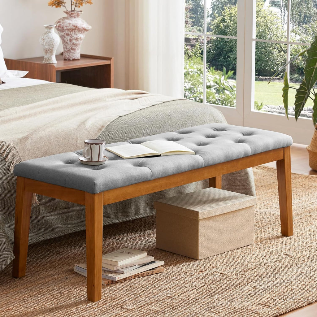 Ottoman Bench Upholstered Padded Seat with Solid Wood Legs and Button-Tufted, Big Oversized Ottoman, Linen Grey