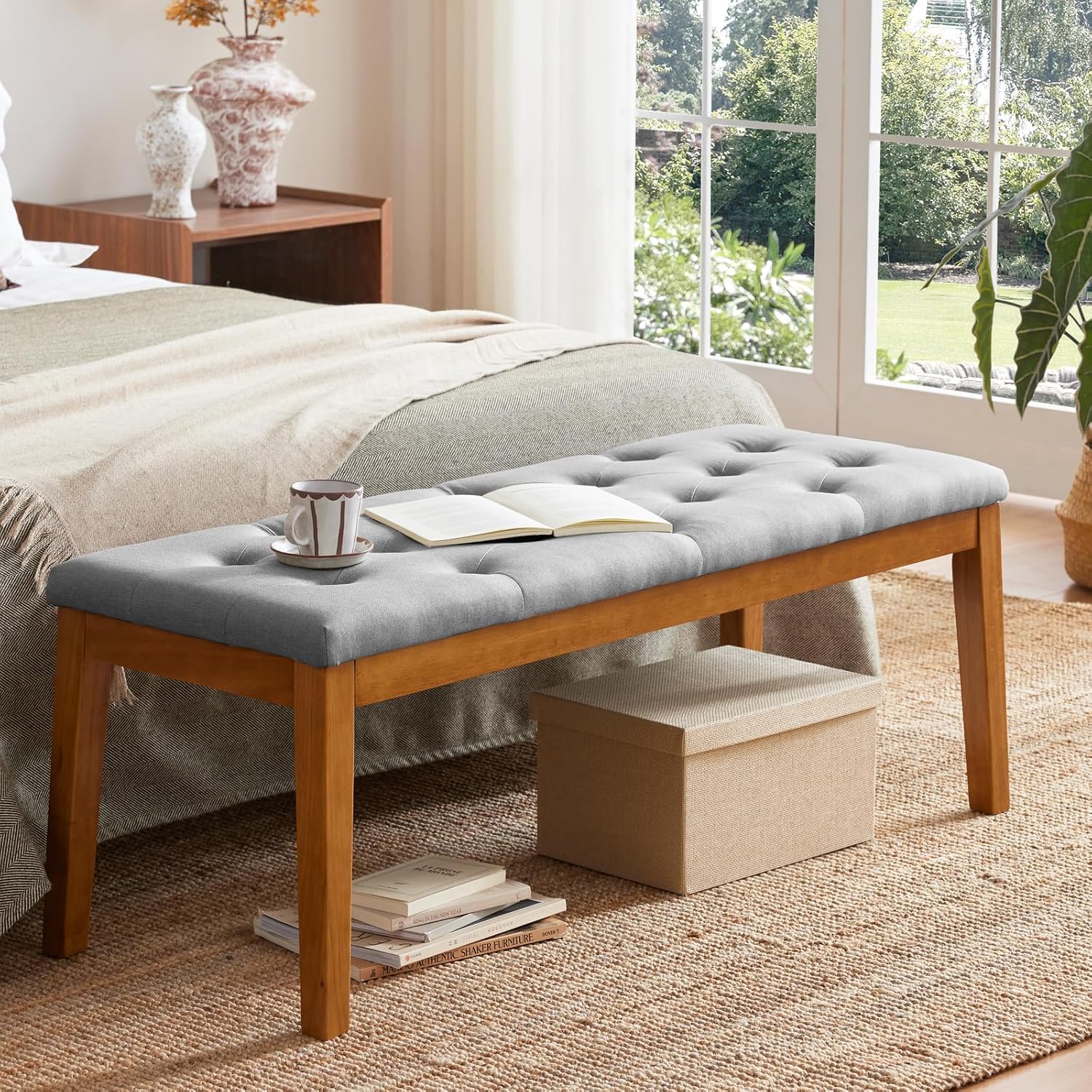 Ottoman Bench Upholstered Padded Seat with Solid Wood Legs and Button-Tufted, Big Oversized Ottoman, Linen Grey