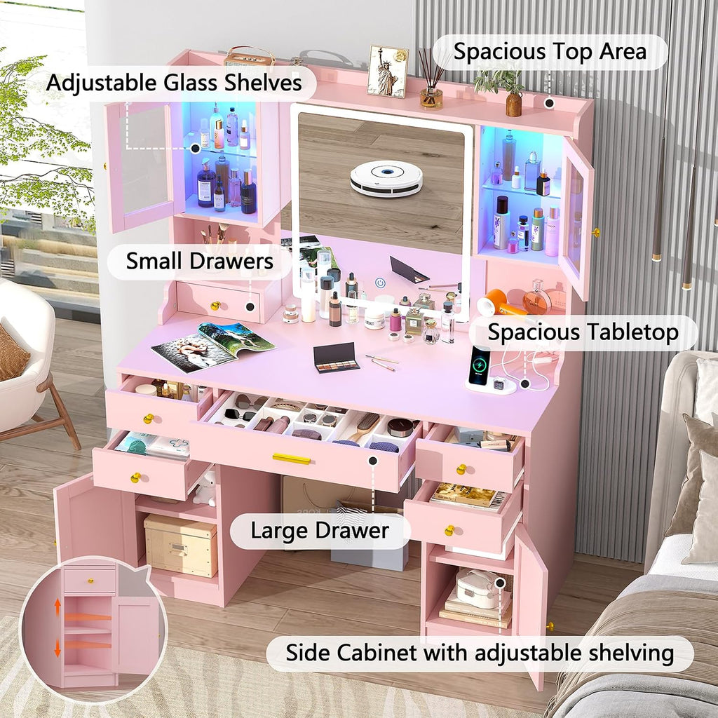 CSZZD Vanity Desk with LED Lighted Mirror, 41.3' Makeup Vanity Table with Power Outlet and 6 Drawers & Storage Shelves for Bedroom, Dressing Table with RGB Cabinets, Pink