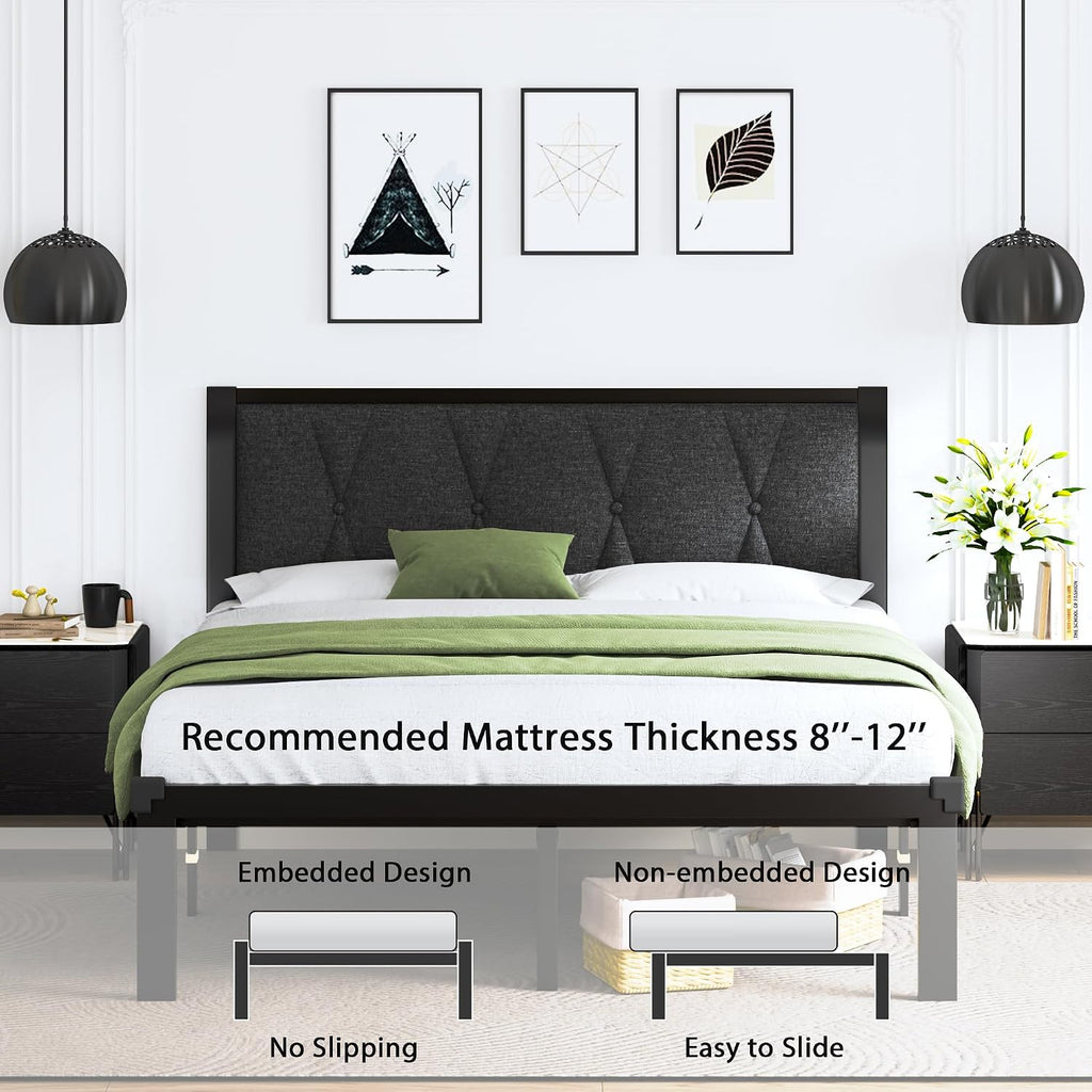 Feonase Full Size Metal Bed Frame with Fabric Button Tufted Headboard, Platform Bed Frame with Heavy Duty Metal Slats, 12' Storage Space, Noise Free, No Box Spring Needed, Dark Grey