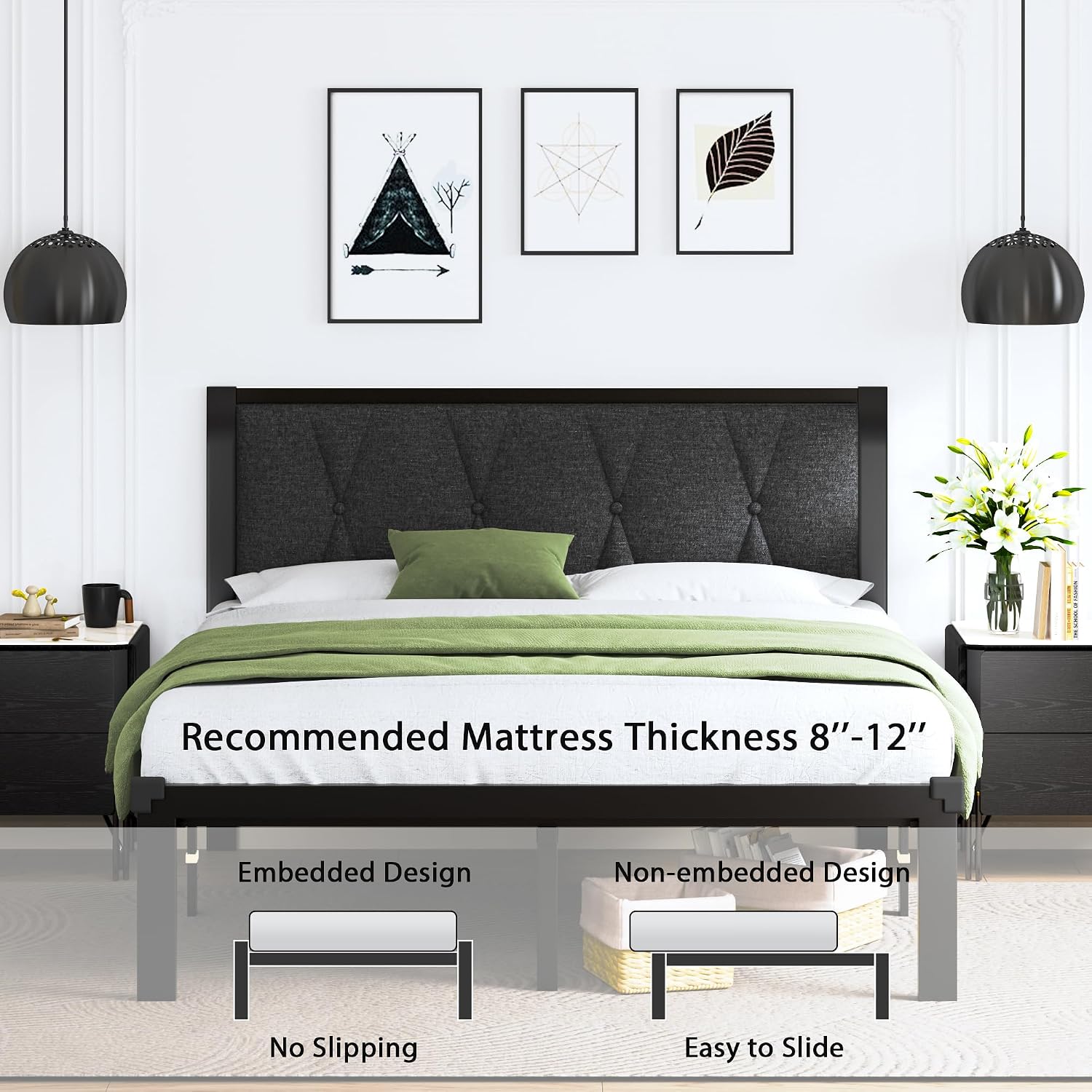 Feonase Full Size Metal Bed Frame with Fabric Button Tufted Headboard, Platform Bed Frame with Heavy Duty Metal Slats, 12' Storage Space, Noise Free, No Box Spring Needed, Dark Grey