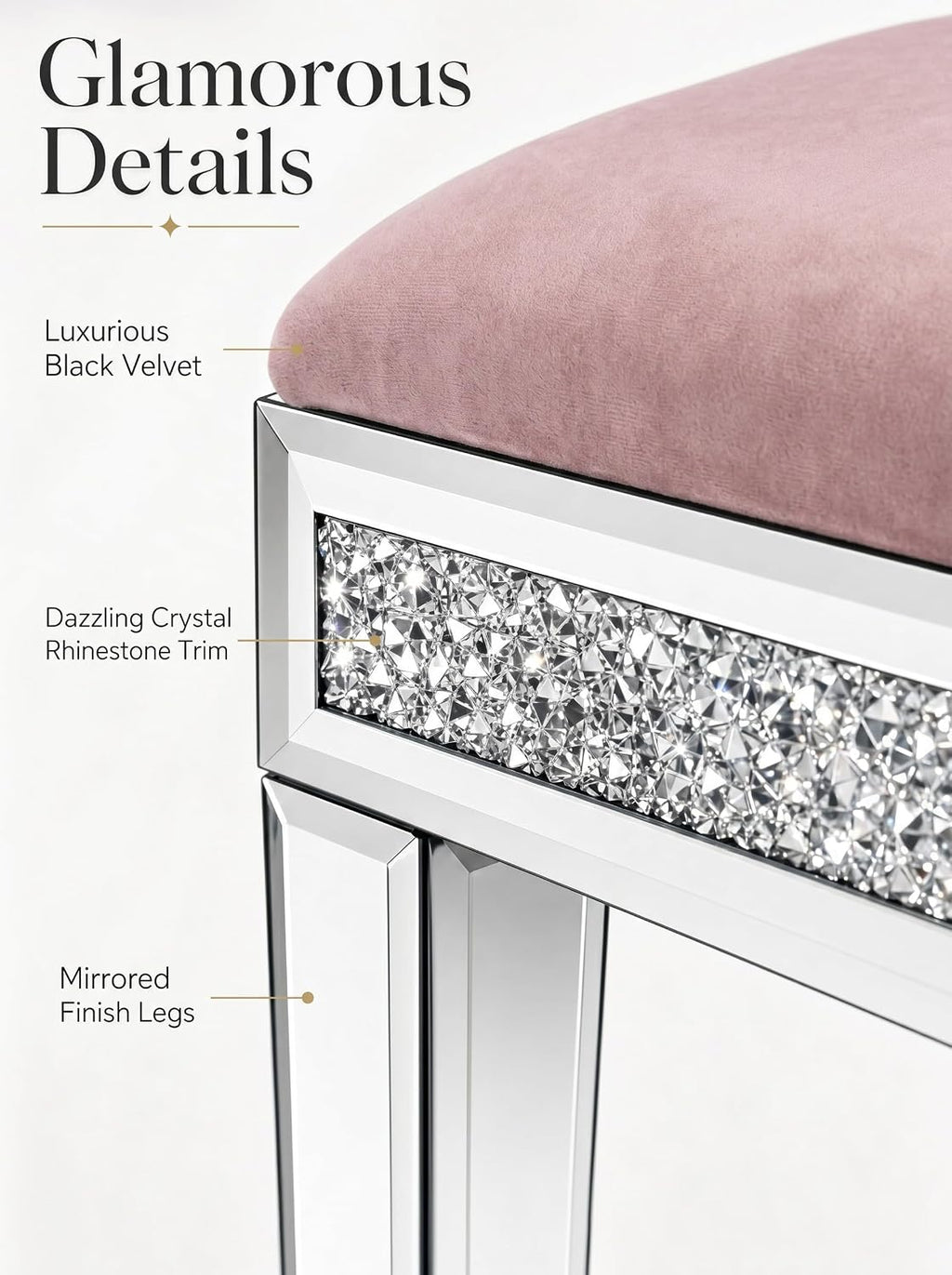 Vanity Stool with Storage Mirrored Legs, Velvet Cushioned Ottoman, Hidden Compartment, Sparkling Diamond Trim, Glam Makeup Chair & Piano Bench (Dusty Pink)