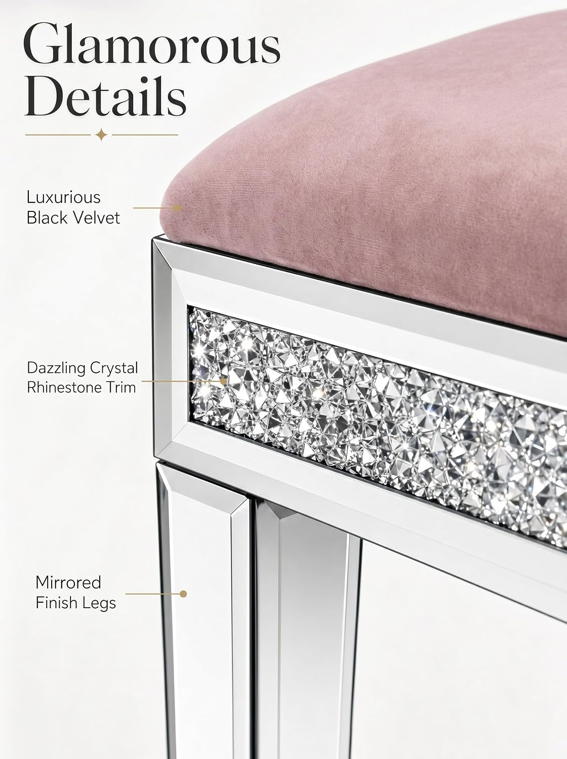 Vanity Stool with Storage Mirrored Legs, Velvet Cushioned Ottoman, Hidden Compartment, Sparkling Diamond Trim, Glam Makeup Chair & Piano Bench (Dusty Pink)