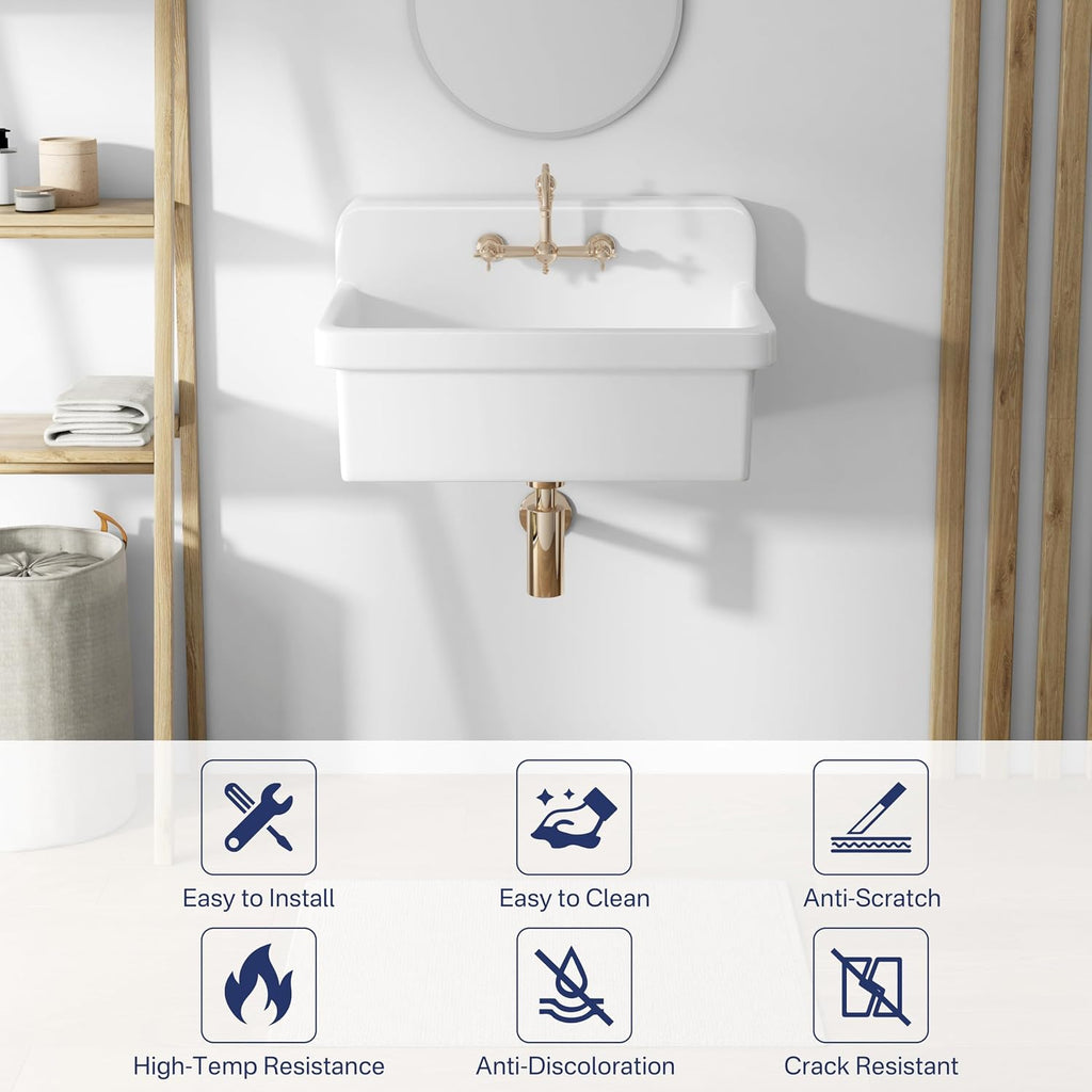 Eridanus 30 Inch Utility Sink, Wall Mount Laundry Sink, Modern Bathroom Basin, Farmhouse Kitchen Sink Drop-in, Floating Porcelain Ceramic Tub High Back for Garage, Washing Room, Workshop 30'x19'x17'