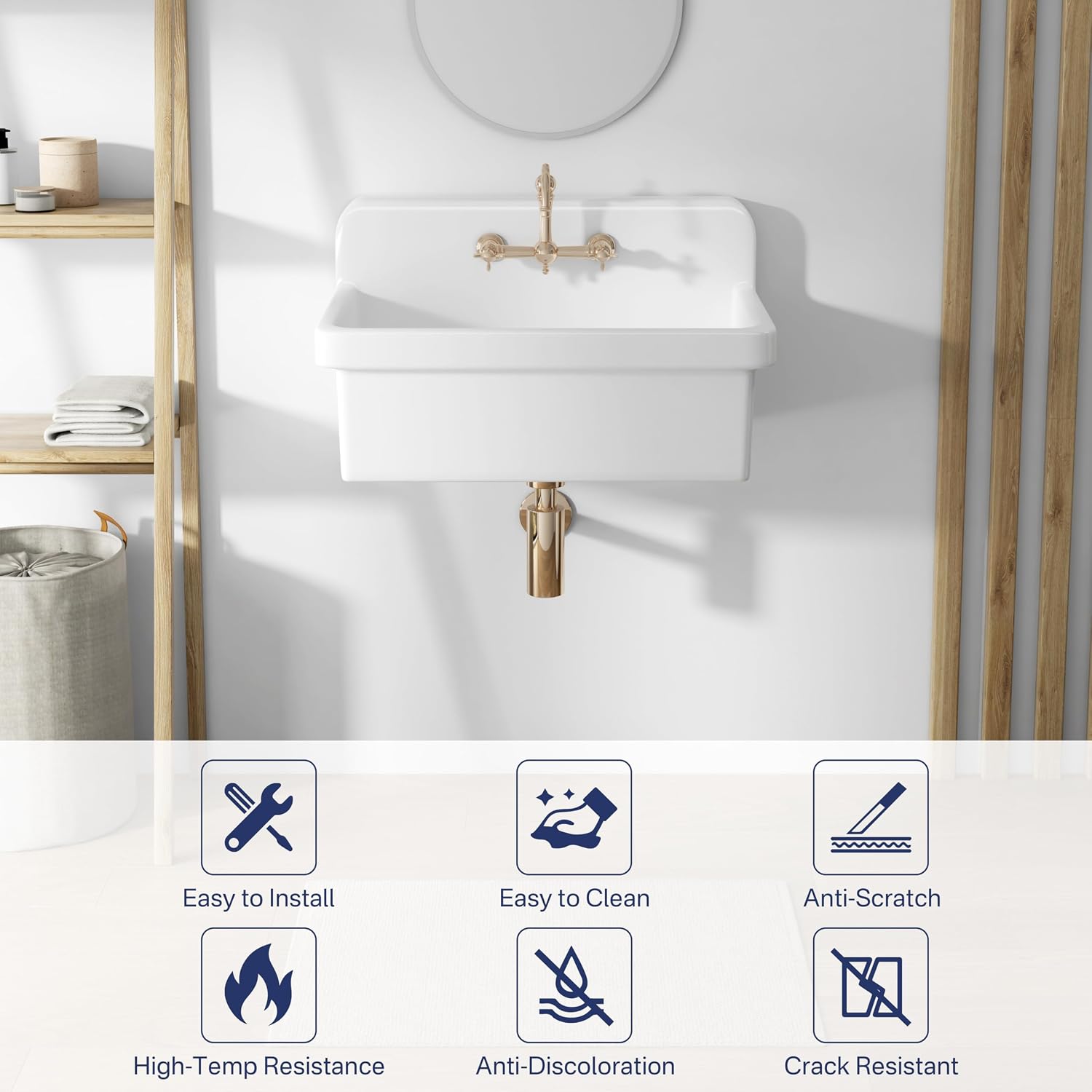 Eridanus 30 Inch Utility Sink, Wall Mount Laundry Sink, Modern Bathroom Basin, Farmhouse Kitchen Sink Drop-in, Floating Porcelain Ceramic Tub High Back for Garage, Washing Room, Workshop 30'x19'x17'