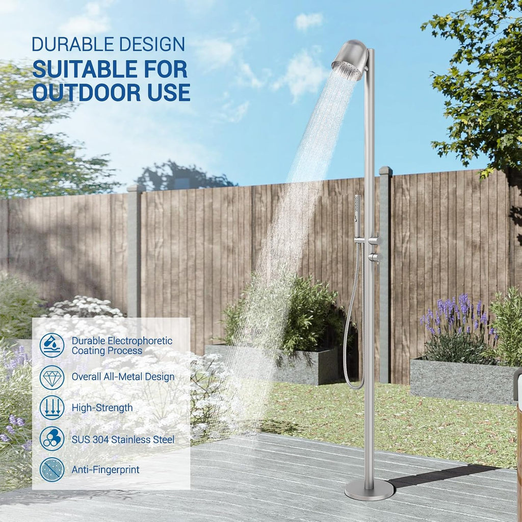Freestanding Outdoor Shower Faucet Set, Outdoor Shower Kit with 3-Function Handheld Shower and Rain Shower, Stainless-Steel Outdoor Shower System for Patio, Pool, Garden - Brushed Nickel