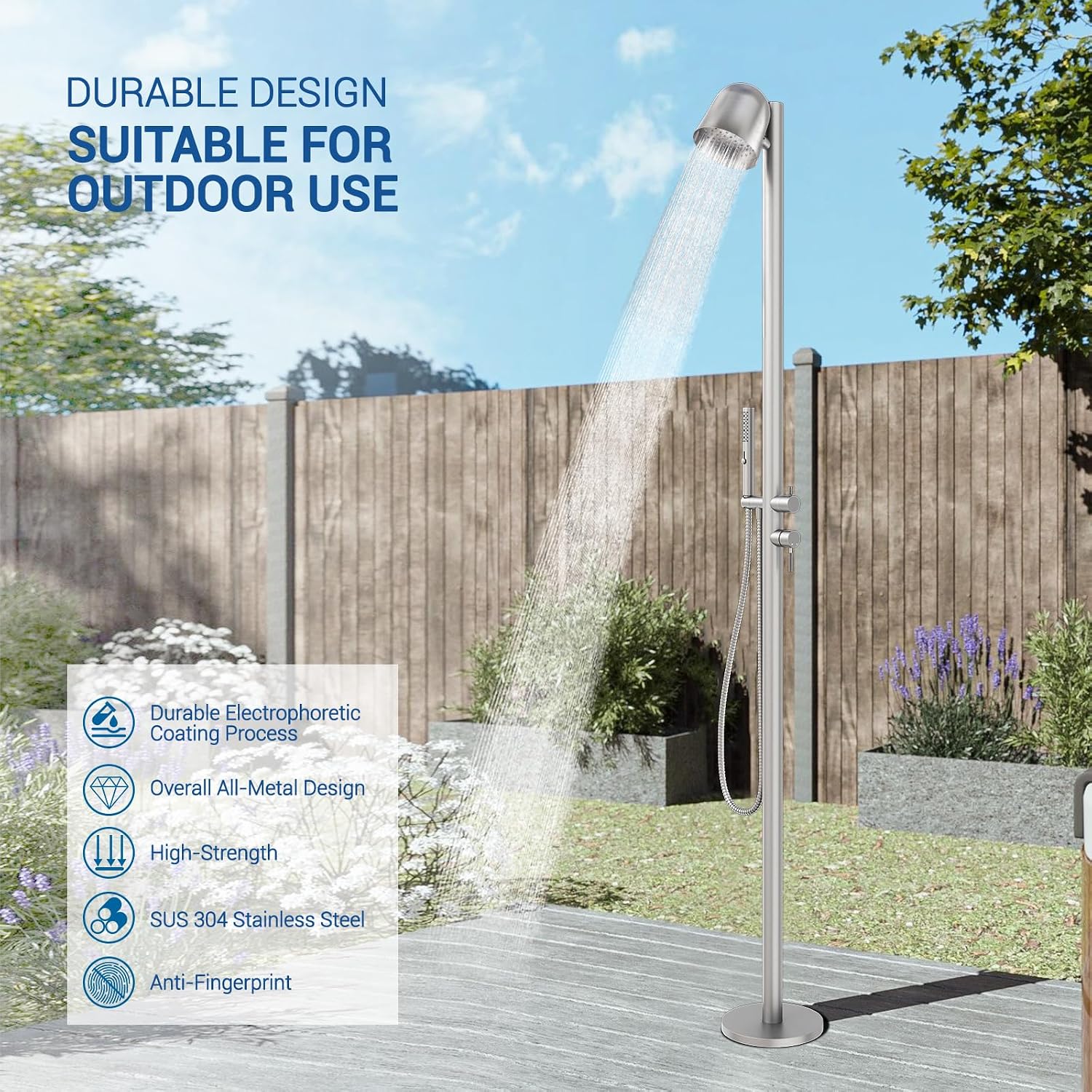 Freestanding Outdoor Shower Faucet Set, Outdoor Shower Kit with 3-Function Handheld Shower and Rain Shower, Stainless-Steel Outdoor Shower System for Patio, Pool, Garden - Brushed Nickel