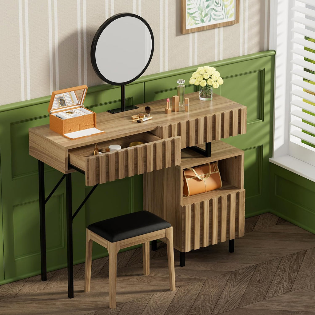 UEV Wood Vanity Desk with Mirror,Makeup Vanity Set with Drawer Chest,Vanity Dressing Table Makeup Desk Set with Storage Space for Bedroom(Wood)
