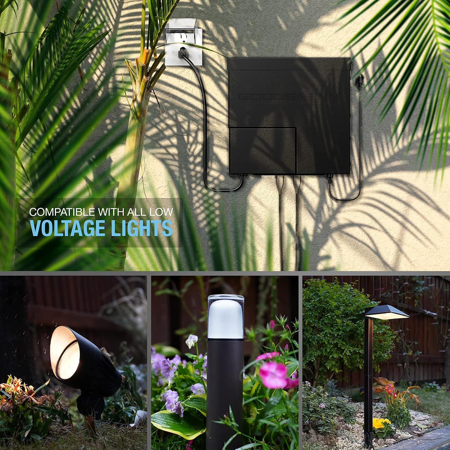 GOODSMANN Low Voltage Transformer 600W Landscape Lighting Power Pack with Timer Photo Eye for Outdoor Lights 120V AC to 12V AC 9111-60001-01A
