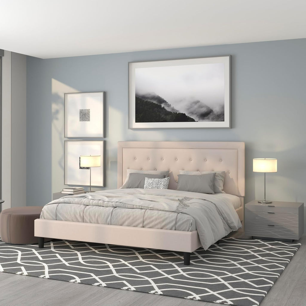 Flash Furniture Roxbury King Size Tufted Upholstered Platform Bed in Beige Fabric