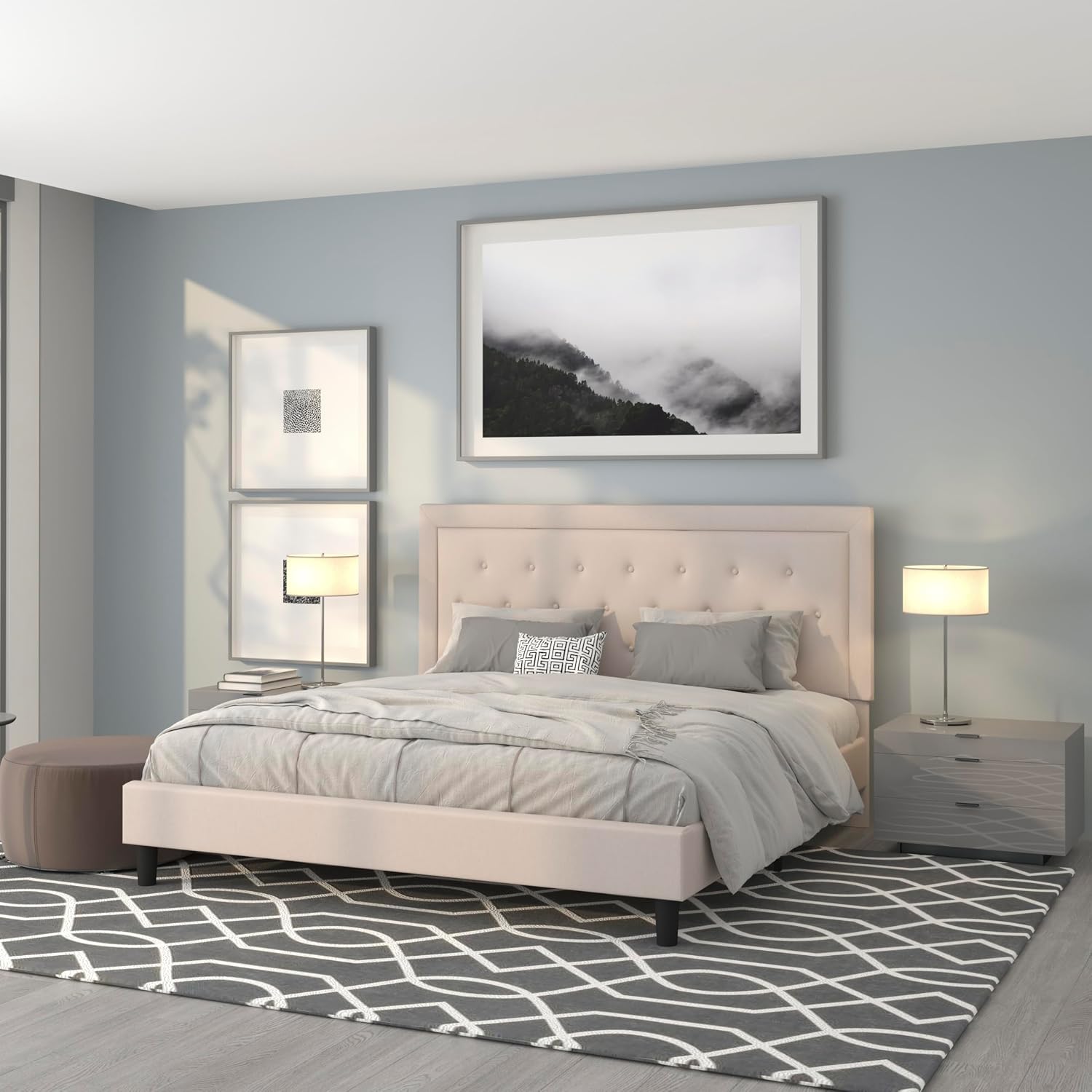 Flash Furniture Roxbury King Size Tufted Upholstered Platform Bed in Beige Fabric