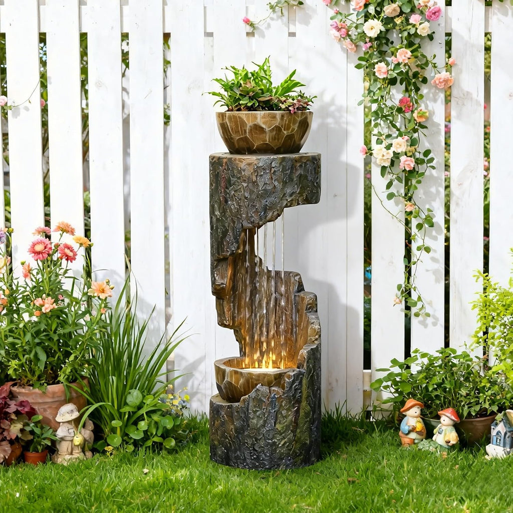 Sunlinua Outdoor Water Fountain with LED Light, Modern Spiral Tiered Outdoor Fountain with Wooden Planter Curved Freestanding Waterfall Fountains for Garden Patio Deck Porch