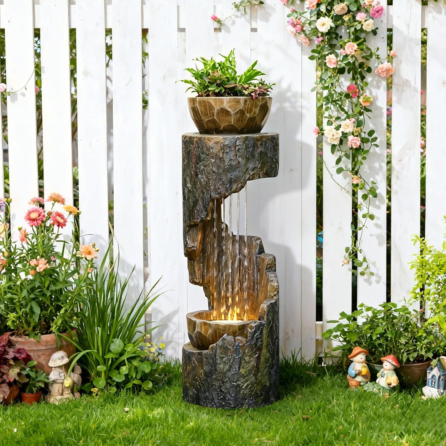 Sunlinua Outdoor Water Fountain with LED Light, Modern Spiral Tiered Outdoor Fountain with Wooden Planter Curved Freestanding Waterfall Fountains for Garden Patio Deck Porch