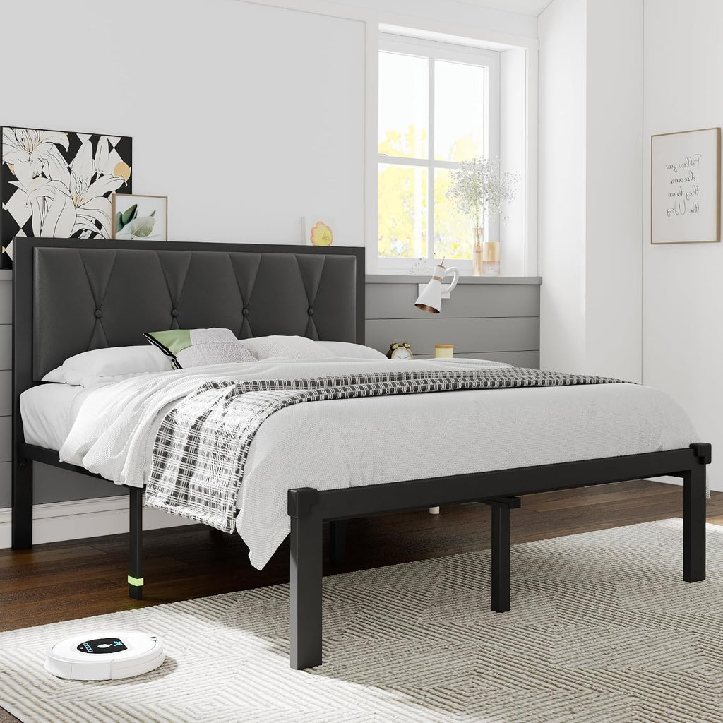 Einhomn Full Size Metal Bed Frame, Platform Bed with Faux Leather Button Tufted Headboard, 12' Underbed Storage, Steel Slats Support, No Box Spring Needed, Easy Assembly, Noise-Free, Black