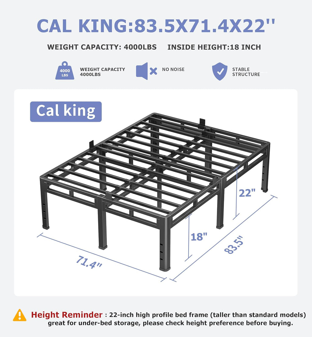 NKZ California King Size Bed Frame 22 Inch, Metal Bed Frame & Box Spring 2 in 1 Platform with Round Corner Legs, 4000Lbs Heavy Duty Tall Metal Frame, Headboard Hole, Noise-Free, Easy Assembly