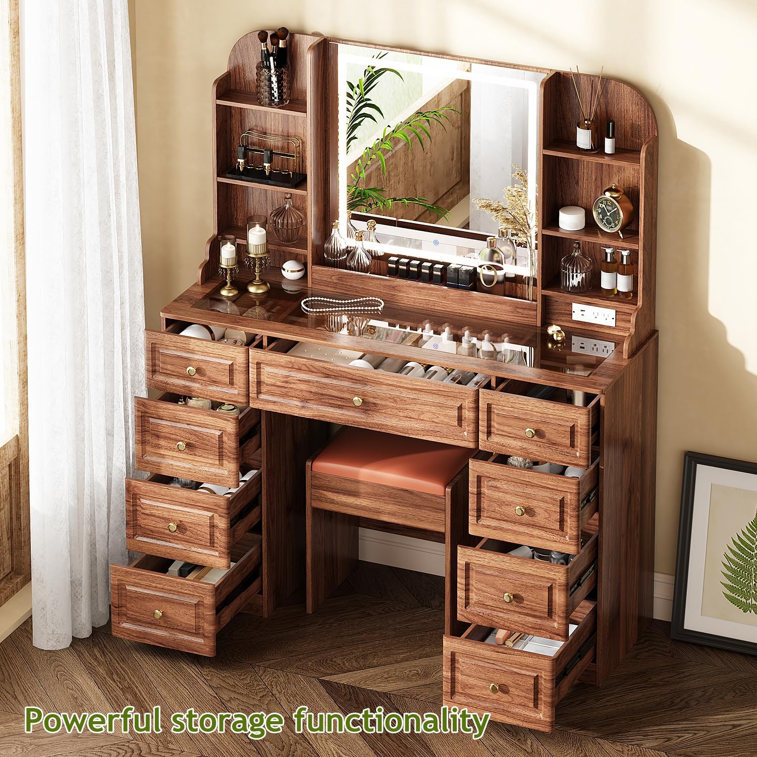 Arulvmrn 43' Makeup Vanity Desk with Mirror and Lights, & Power Outl, Glass Top Big Vanity Table with 9 Drawers& 8 Storage Shelves, Dressing Table Set with Chair for Bedroom, Brown