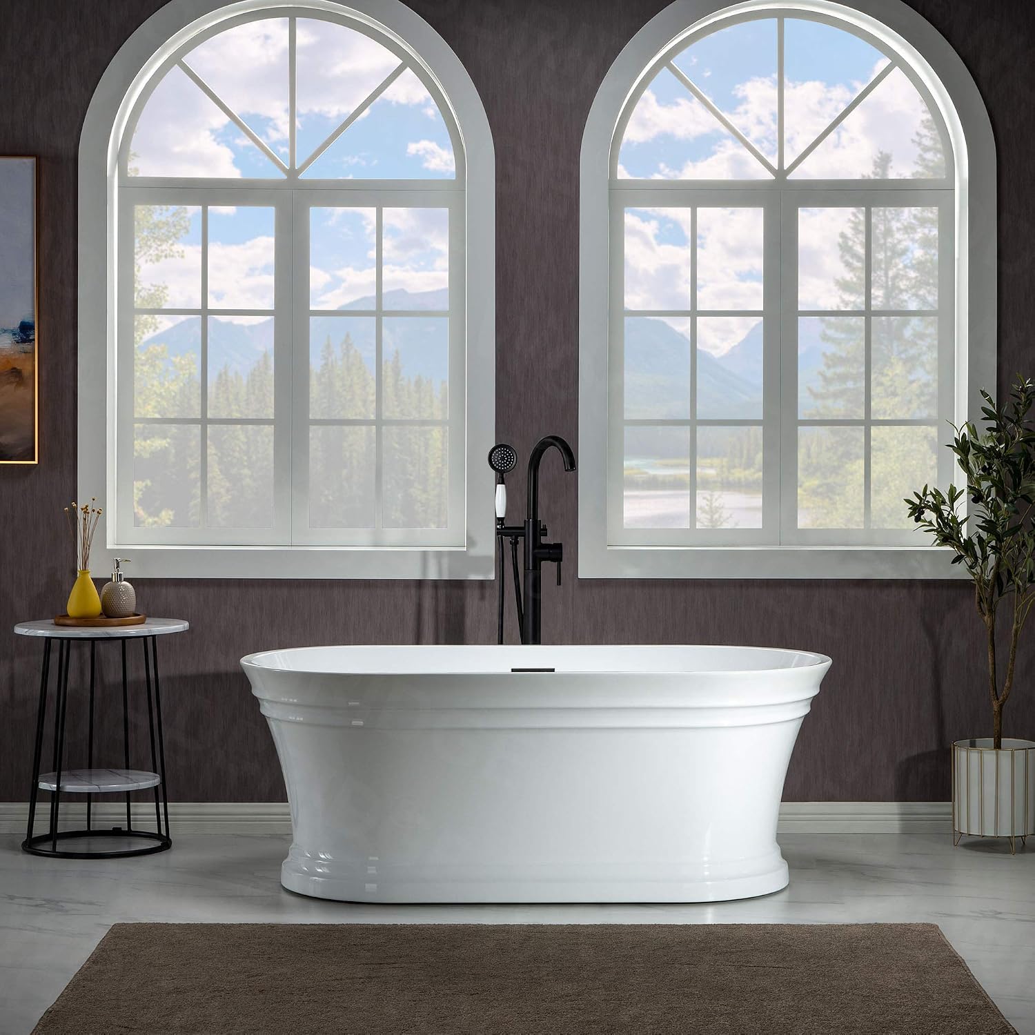 WOODBRIDGE 59'Freestanding White Acylic Soaking Bathtub with White Pillow,Drain and Overflow inORB,BTA1536 -ORB-Drain &O+ Pillow