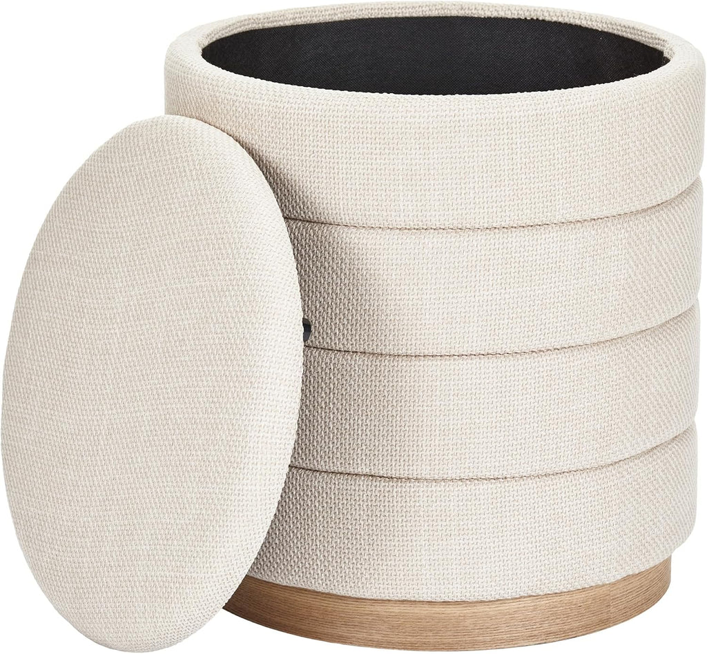 Round Storage Ottoman, Small Linen Upholstery Footrest Still with Foam Padded Seat for Living Room Bedroom, Beige