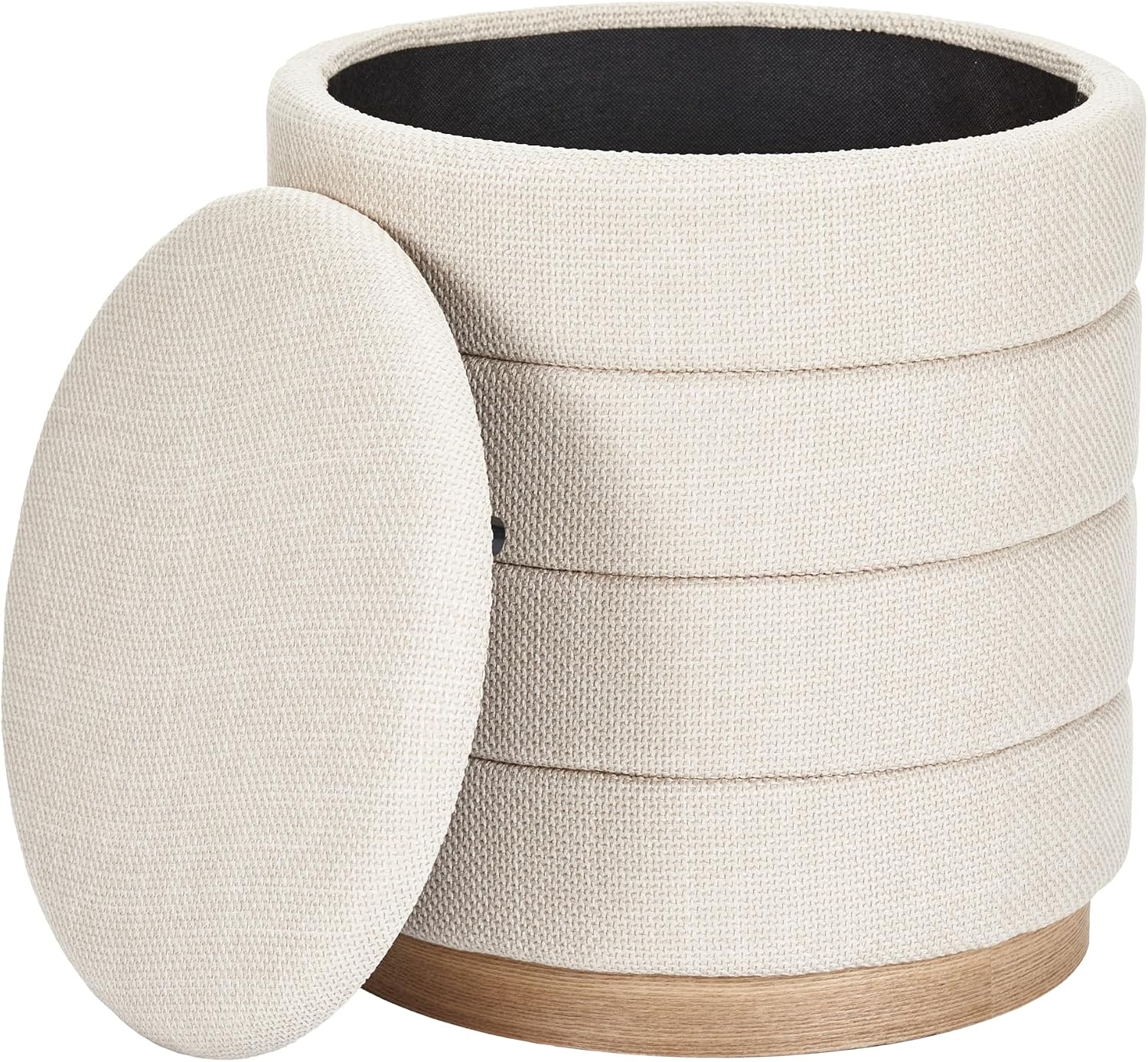 Round Storage Ottoman, Small Linen Upholstery Footrest Still with Foam Padded Seat for Living Room Bedroom, Beige