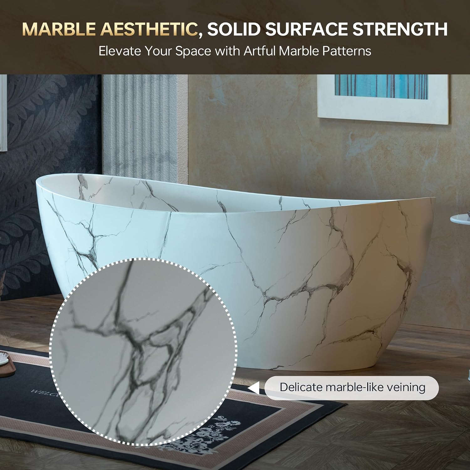 WOODBRIDGE 69' Marble-Pattern Stone Resin Freestanding Soaking Tub, Modern Oval Solid Surface Bathtub with Integrated Slotted Overflow & Drain, Matte Finish, CST0715