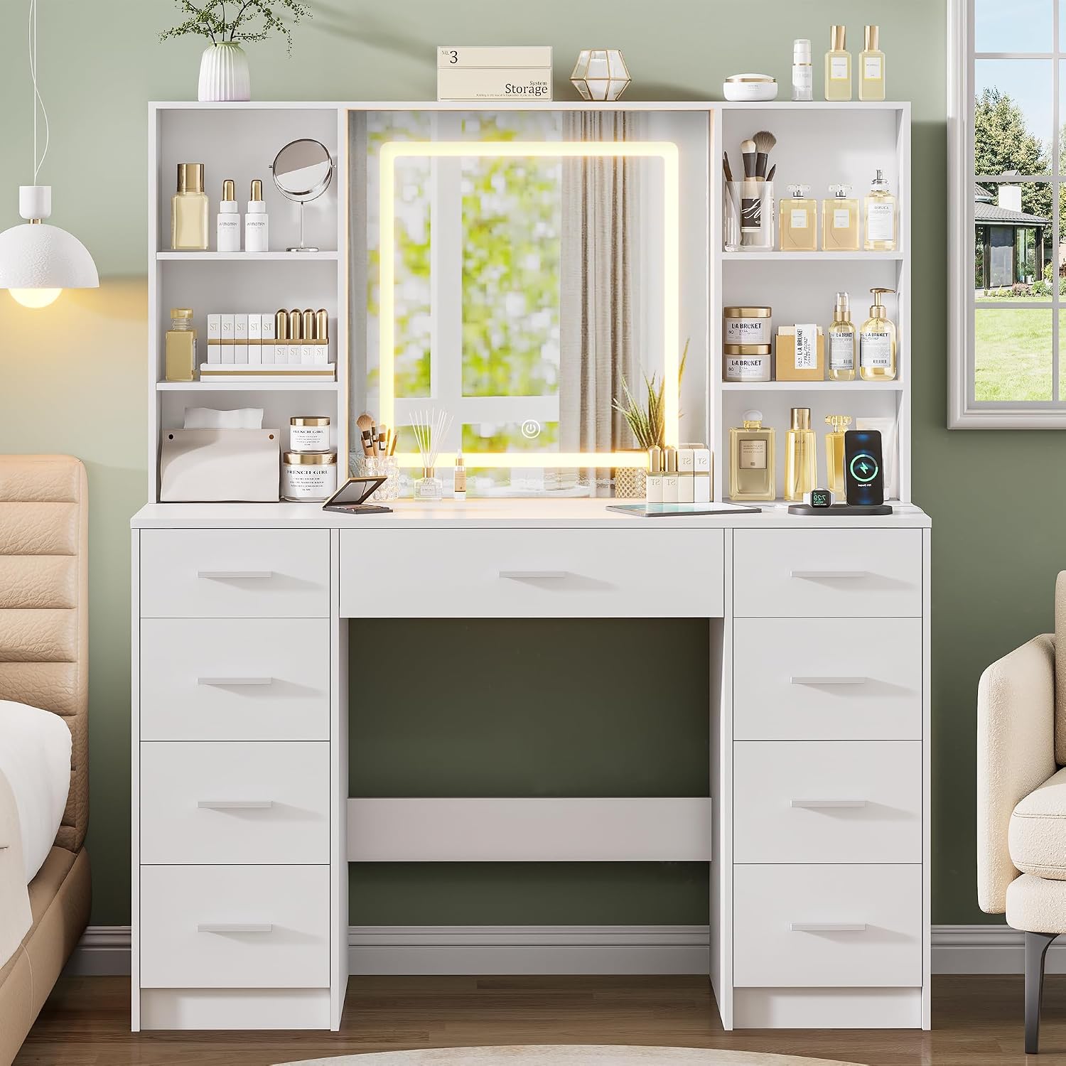 Vanity Desk with Mirror and Lights, Makeup Vanity Desk with 9 Drawers & 6 Shelves, Make up Vanity, Dressing Table with Touch Screen Mirror & Power Outlet, White Vanity for Girls Women, Bedroom