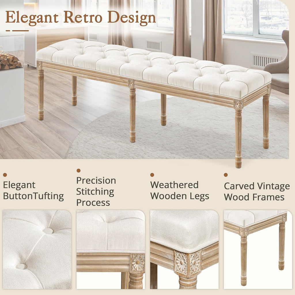 LUE BONA 60' Fabric End of Bed Bench, Upholstered Tufted French Bedroom Bench with Carved Legs for Bedroom End of King Size Bed, Living Room, Beige