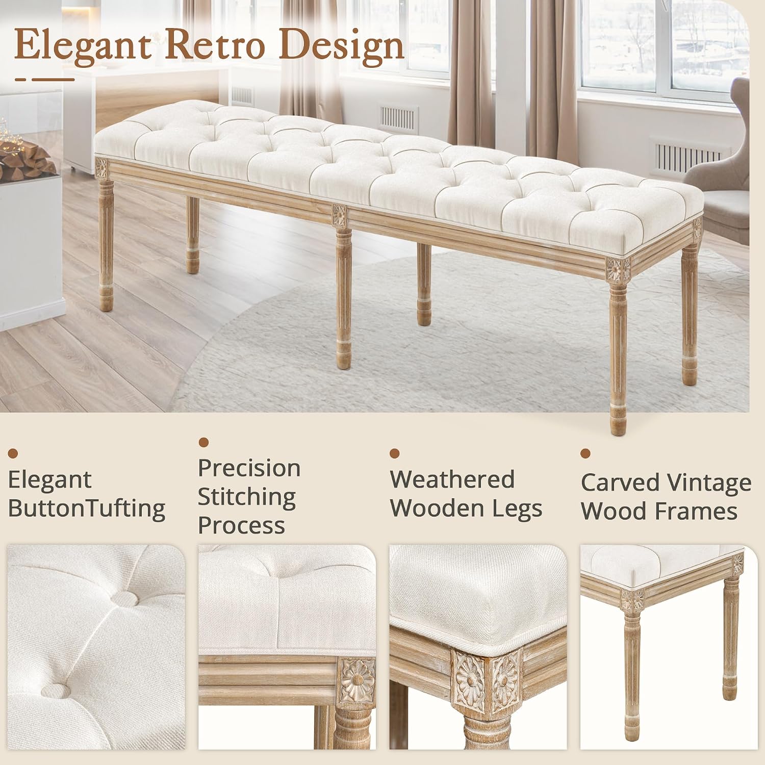 LUE BONA 60' Fabric End of Bed Bench, Upholstered Tufted French Bedroom Bench with Carved Legs for Bedroom End of King Size Bed, Living Room, Beige