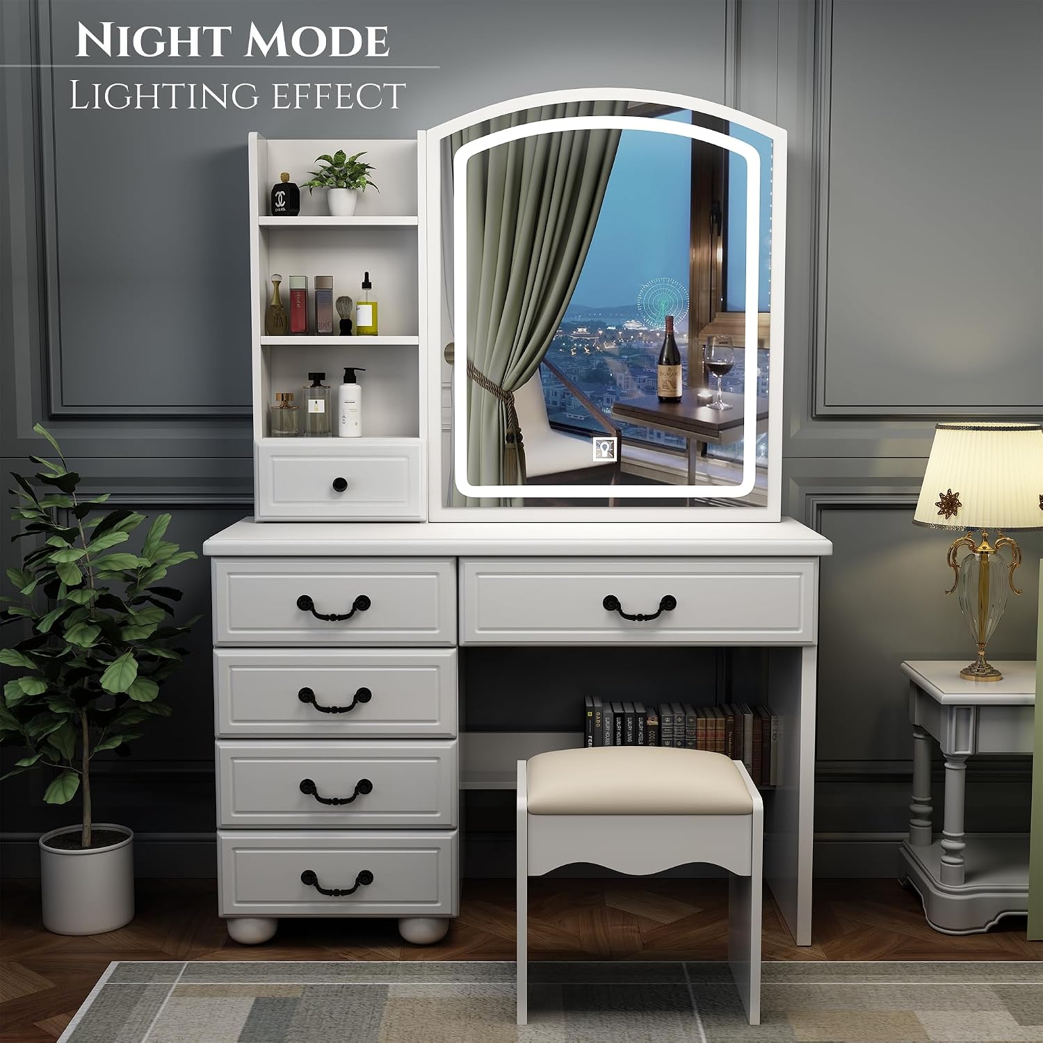 Montary Makeup Vanity Desk with Mirror and Lights, White Vanity Table Set with 6 Drawers & Sliding Mirror & Storage Shelves & Stool, 3 Lighting Modes Brightness Adjustable, Vanity Set Dressing Table