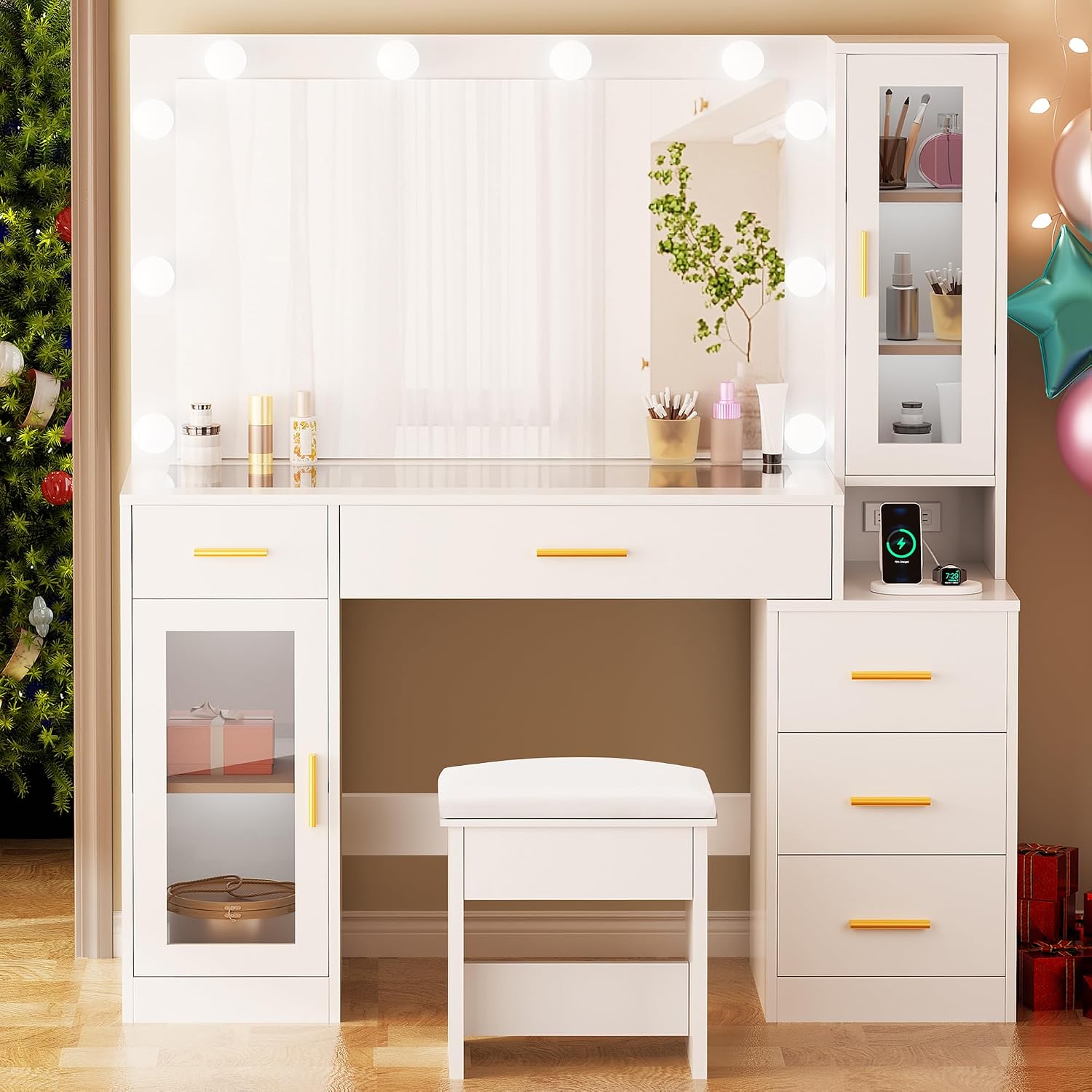 BEWISHOME 49.2' Large Vanity Desk with Mirror and Lights,White Makeup Vanity Table with Glass Top,Stool,Makeup Desk with Power Outlet,5 Drawers,Nightstand,Dressing Table for Bedroom Women FST34W