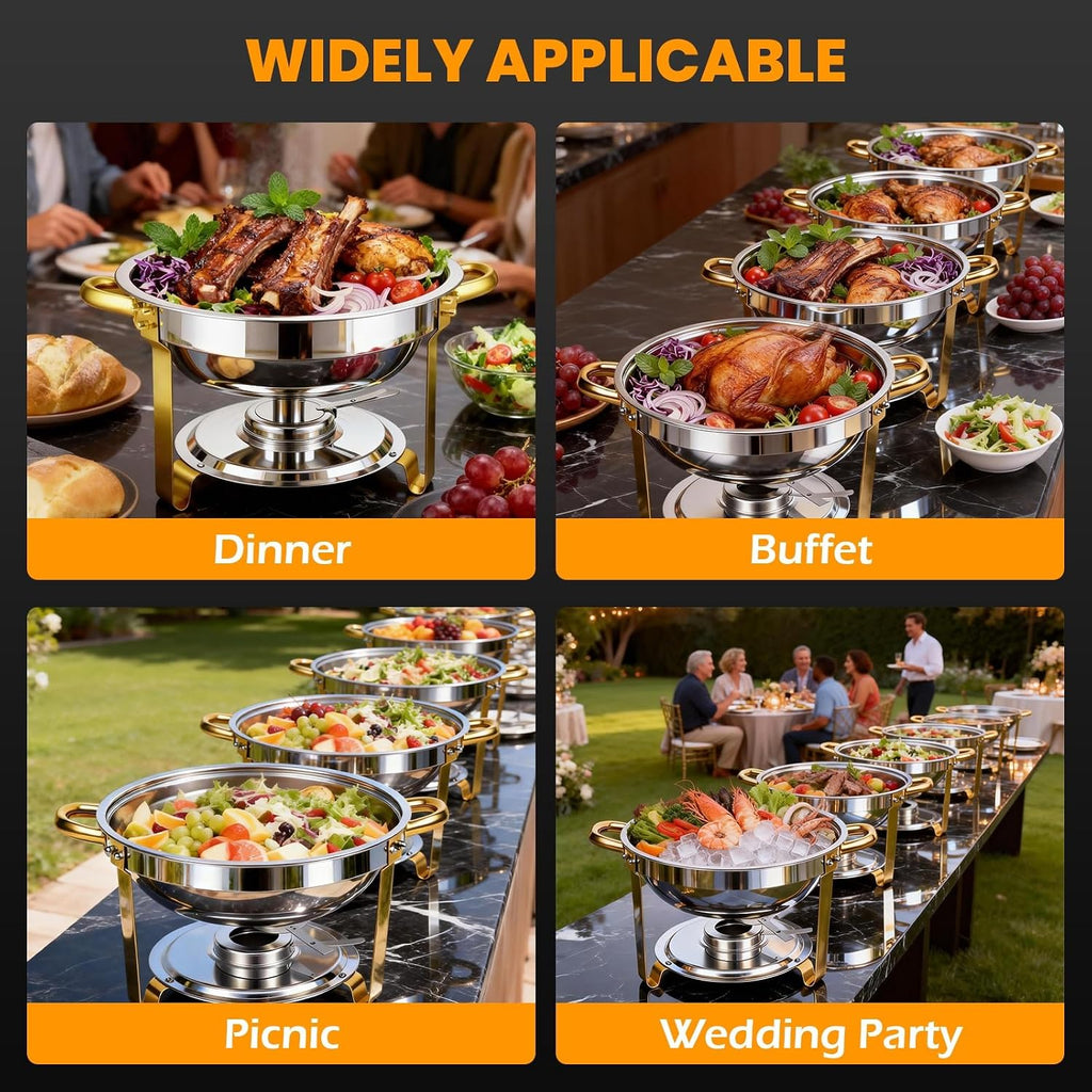 ALSO GO Round Chafing Dishes for Buffet with 4 Serving Tongs, 4 Pack 6QT Chafing Dishes Buffet Set, Golden Stainless Steel Catering Food Warmer for for Party, Gathering, Banquet, Wedding