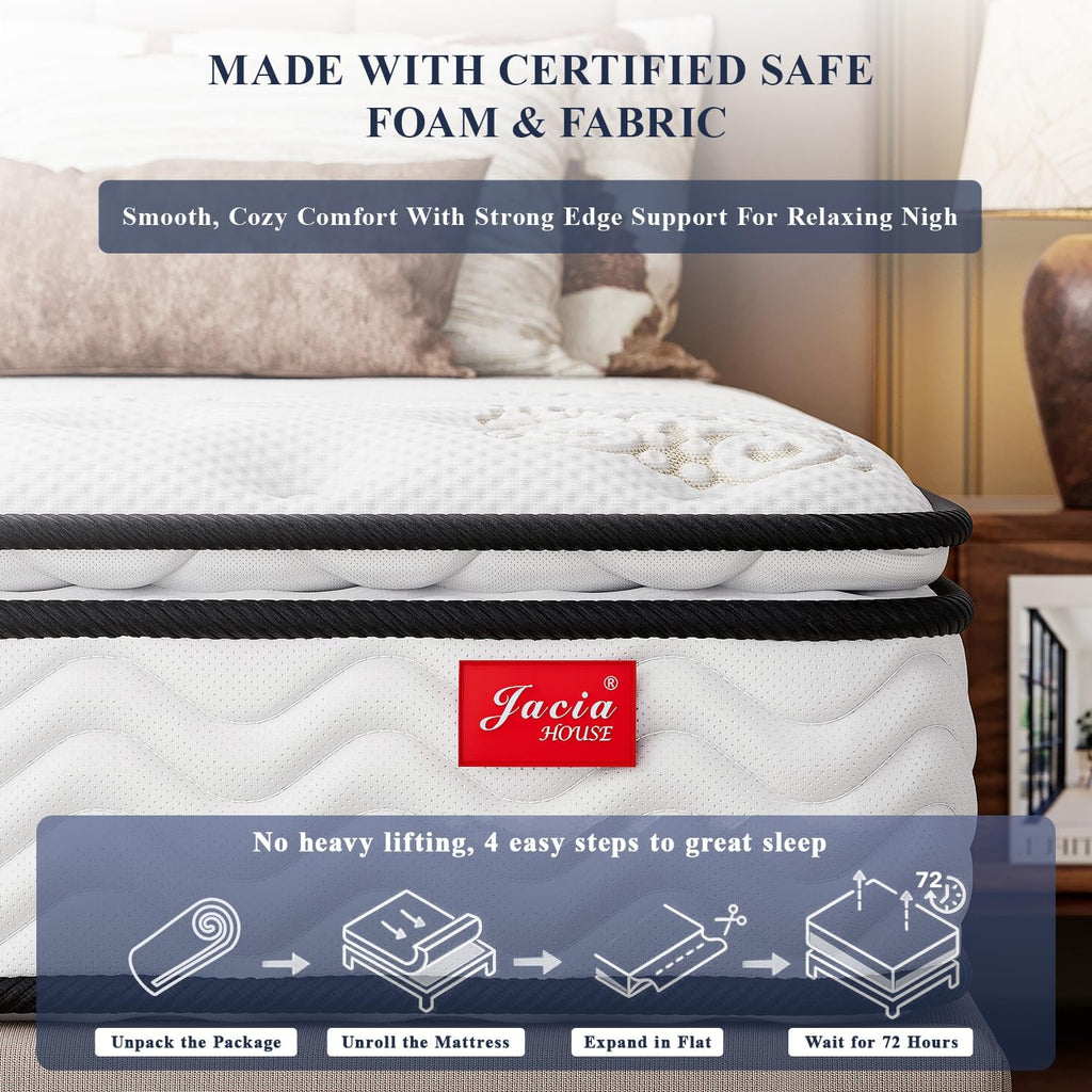 Jacia House Twin Mattress 11.4 Inch Memory Foam Innerspring Independently Encased Coil Hybrid Mattress - Pillow Top Mattress in a Bag 75' L x 39' W