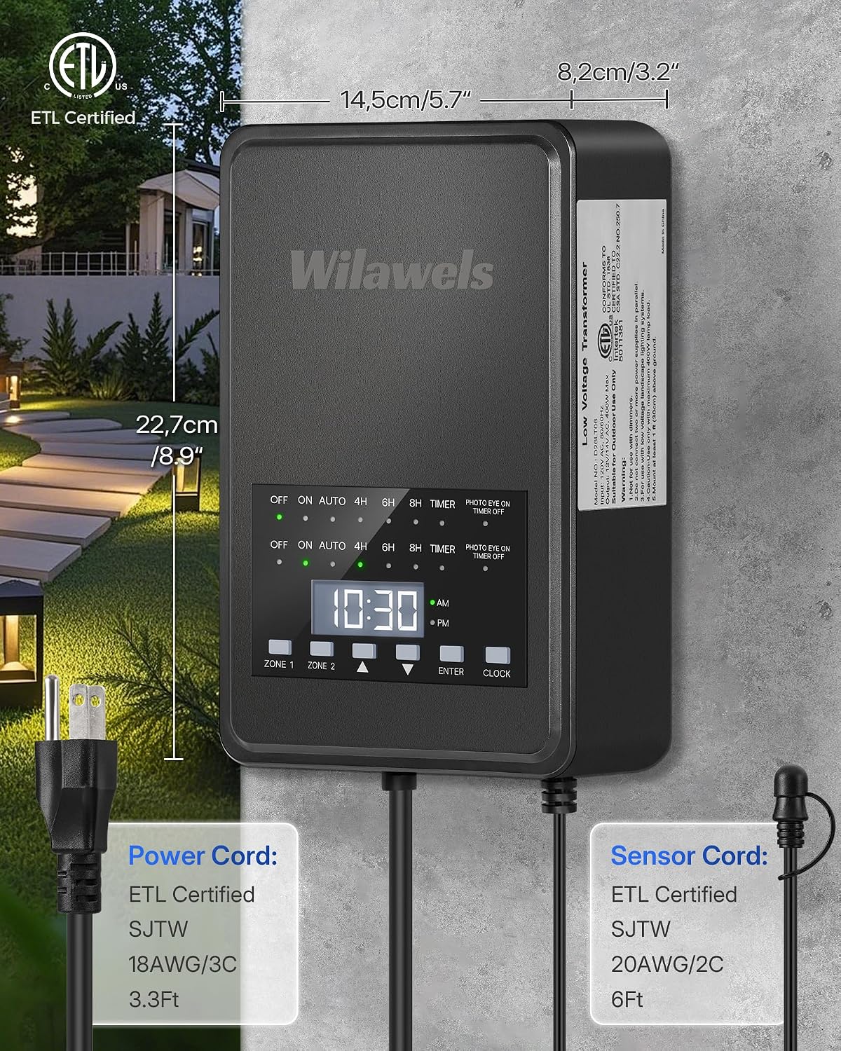 400W Low Voltage Landscape Transformer, 2 Zone Independent Control 120VAC to 12/14V AC Low Voltage Transformer, Landscape Lighting Transformer with Timer & Photocell Sensor ETL Listed D28LT06