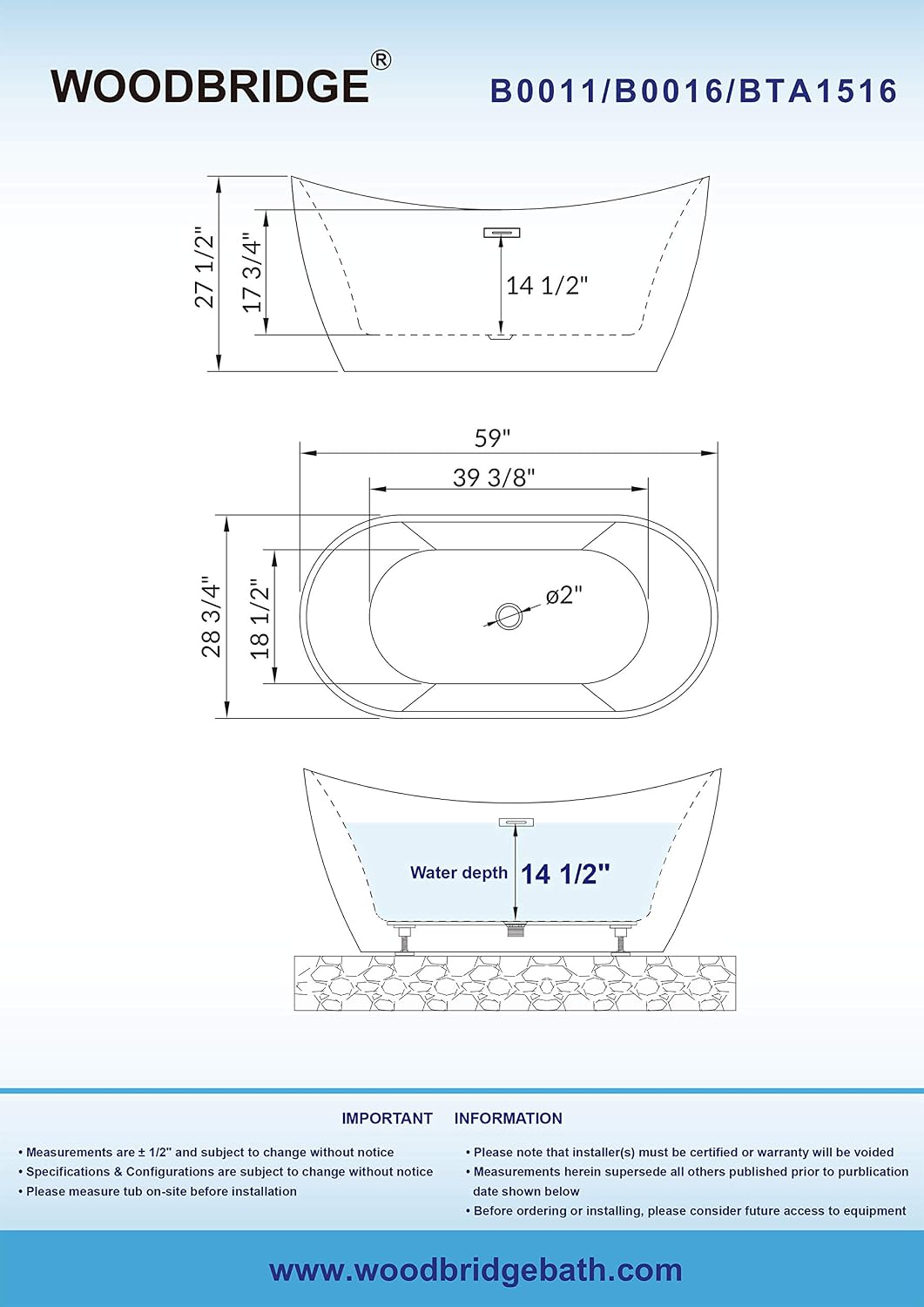 WOODBRIDGE 59' Acrylic Freestanding Bathtub Contemporary Soaking White Tub with Chrome Overflow and Drain，BTA1516-C-Drain-&O