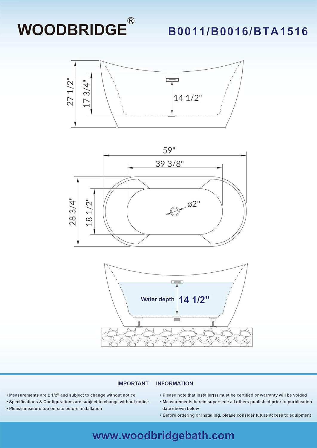 WOODBRIDGE 59' Acrylic Freestanding Bathtub Contemporary Soaking White Tub with Oil Rubbed Bronze Overflow and Drain，B0016 -ORB-Drain &O