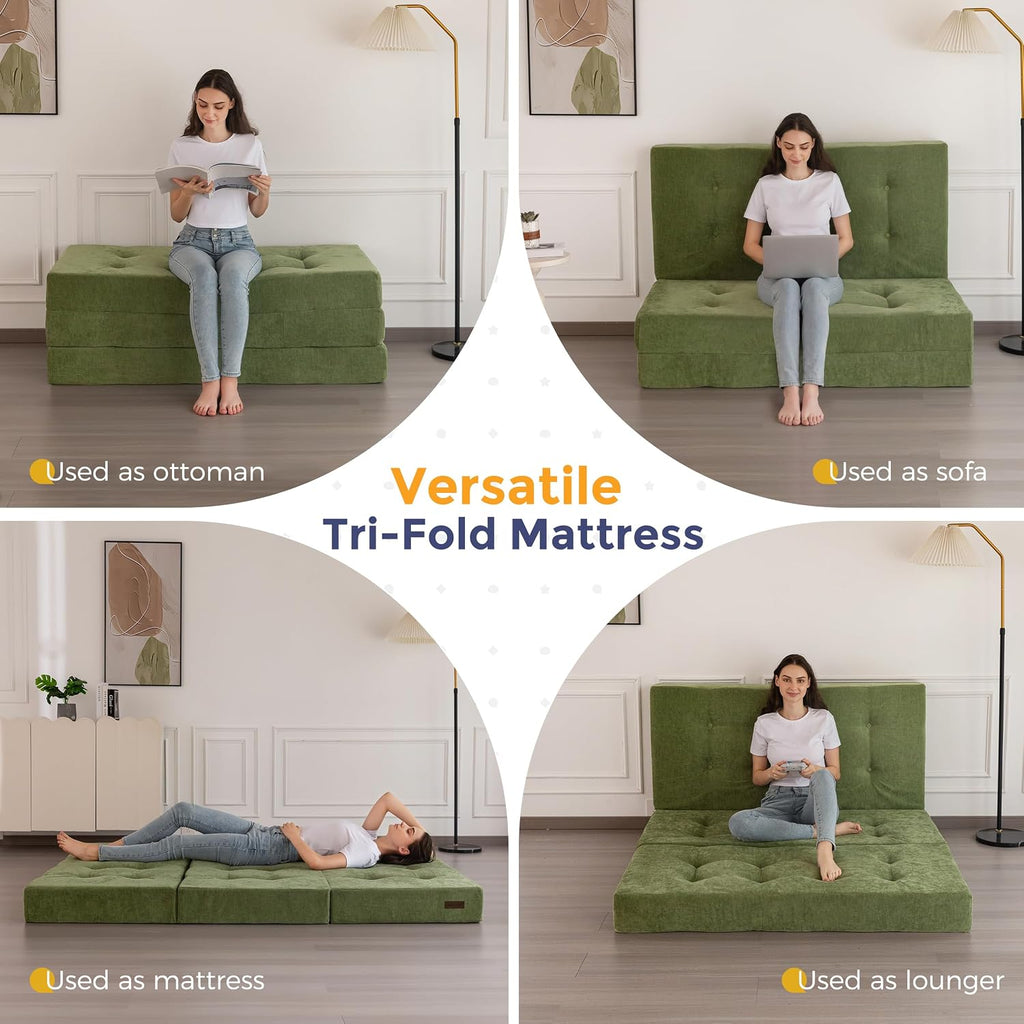 MAXYOYO 6' Folding Sofa Bed for Floor, Tufted Tri-Fold Floor Mattress with Chenille Fabric, Queen Size Portable Sofa Couch Guest Mat for Adults, Foldable Topper for Camping, Green, 59'x78.7'