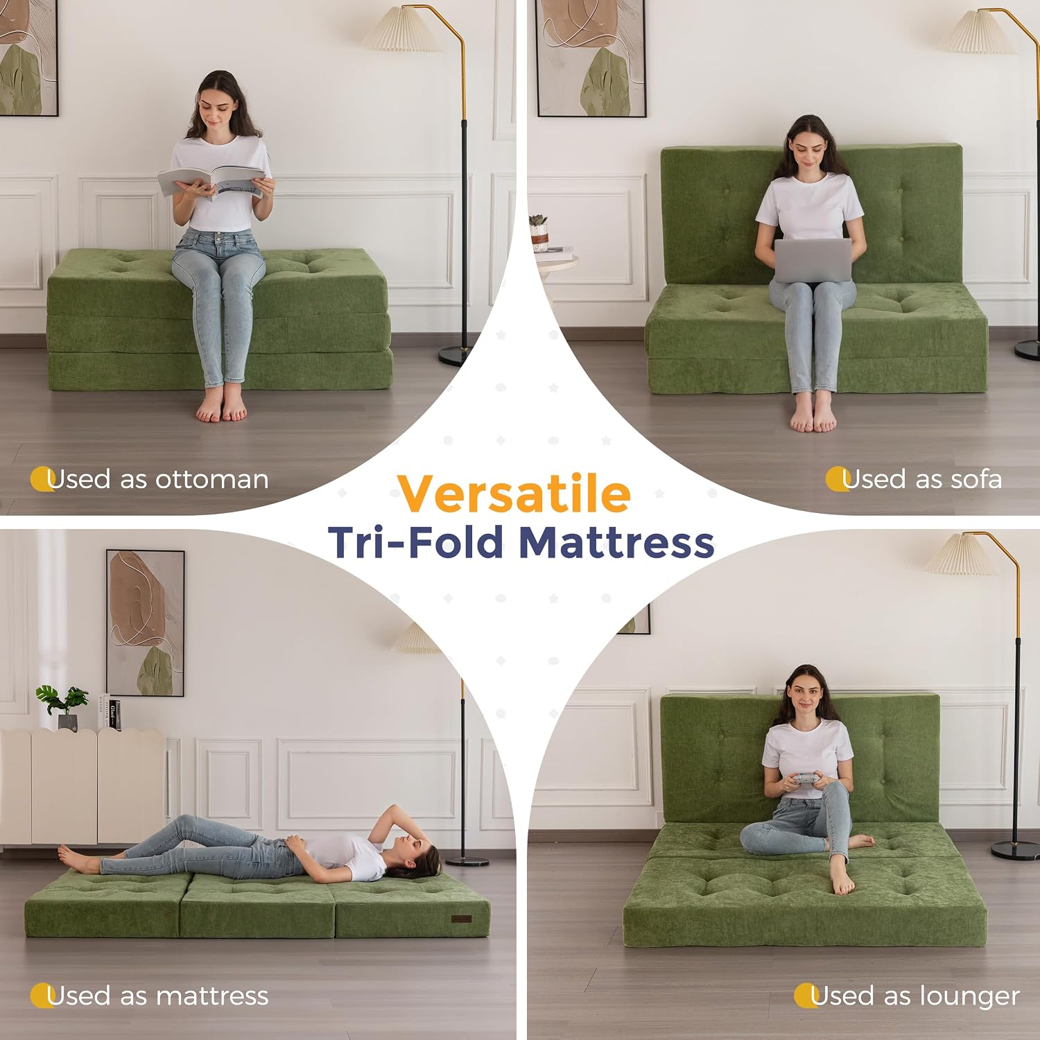 MAXYOYO 6' Folding Sofa Bed for Floor, Tufted Tri-Fold Floor Mattress with Chenille Fabric, Queen Size Portable Sofa Couch Guest Mat for Adults, Foldable Topper for Camping, Green, 59'x78.7'