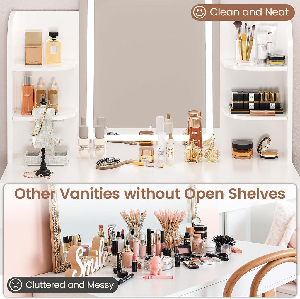 YESHOMY Makeup Vanity, Mirror Jewelry Cabinet, Lockable Swivel Storage Organizer Armoire with LED Light Shelves, White