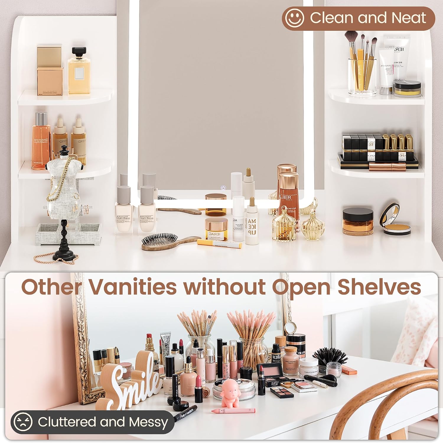 YESHOMY Makeup Vanity, Mirror Jewelry Cabinet, Lockable Swivel Storage Organizer Armoire with LED Light Shelves, White