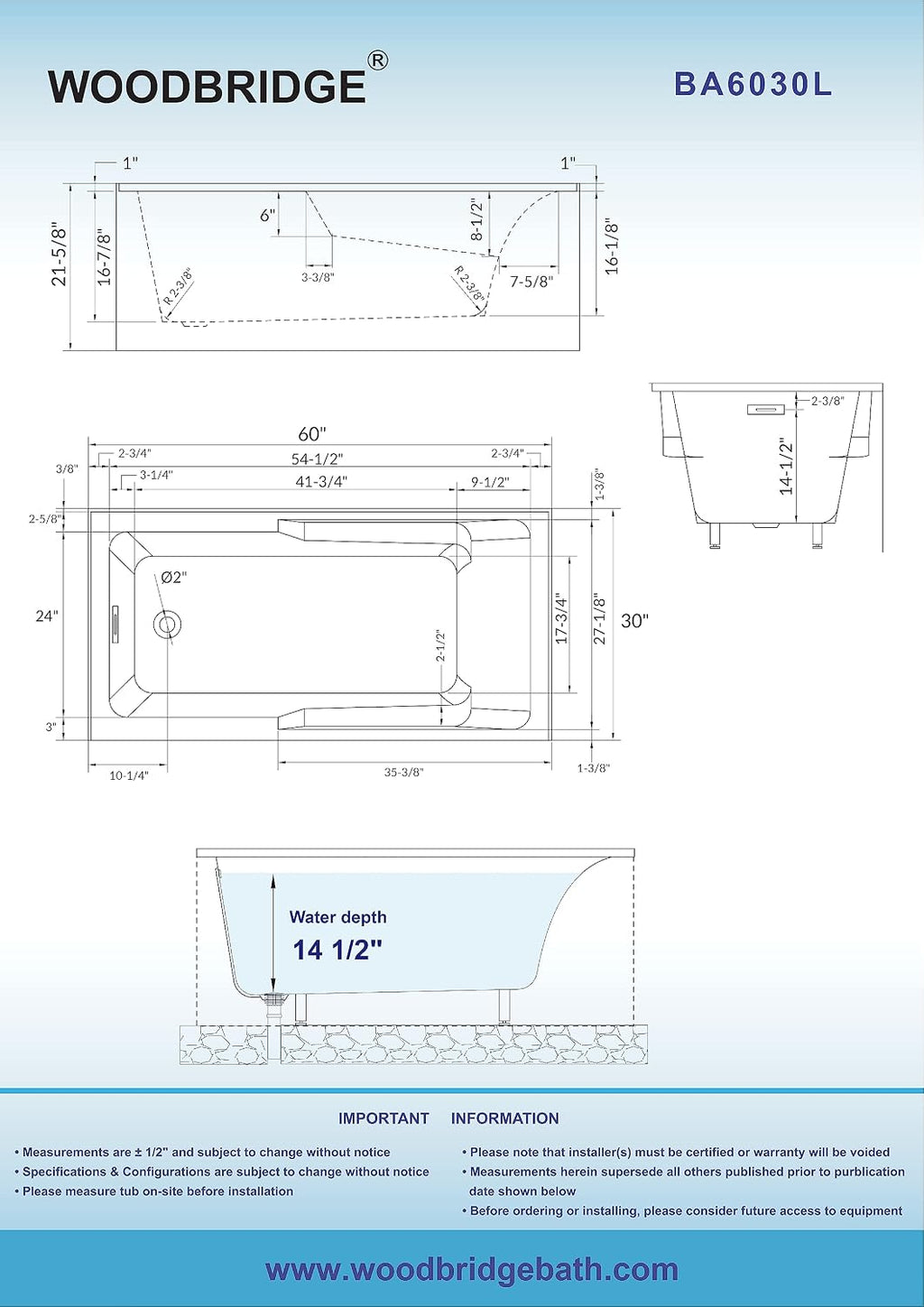 WOODBRIDGE 60' Acrylic Rectangular Alcove Soaking Bathtub in White with Left Drain, Oil Rubbed Bronze pop-UP Drain Included BA6030L