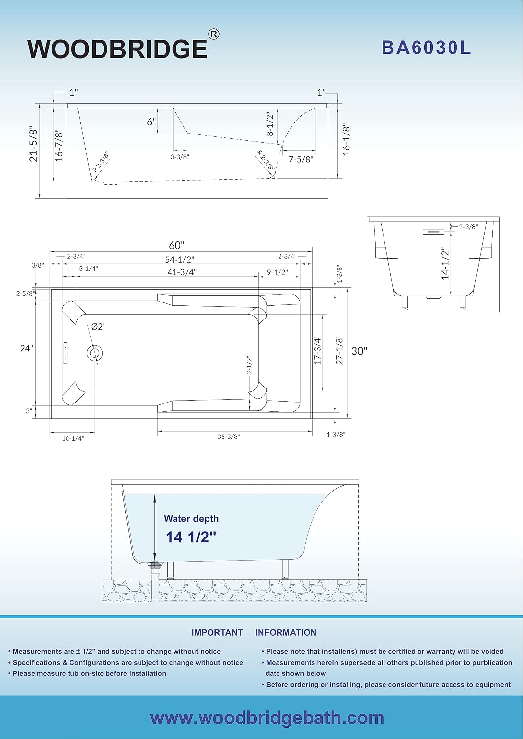 WOODBRIDGE 60' Acrylic Rectangular Alcove Soaking Bathtub in White with Left Drain, Oil Rubbed Bronze pop-UP Drain Included BA6030L