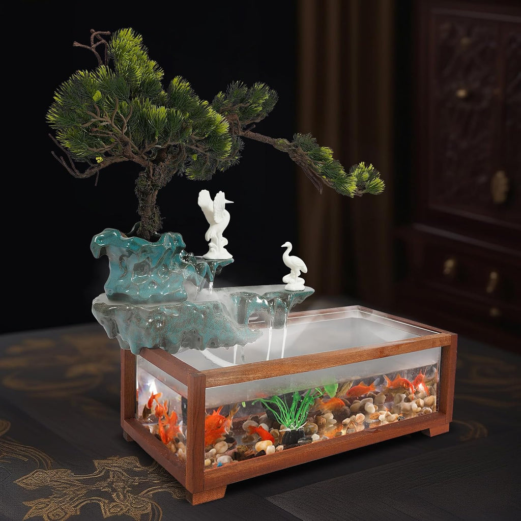 Tabletop Water Fountains, H13.4in Indoor Waterfall Clear Fish Tank, Backflow Incense Holder Feng Shui Decor for Meditation Living Room, Fish Tank Size W18.9*D9.8*H6.7in