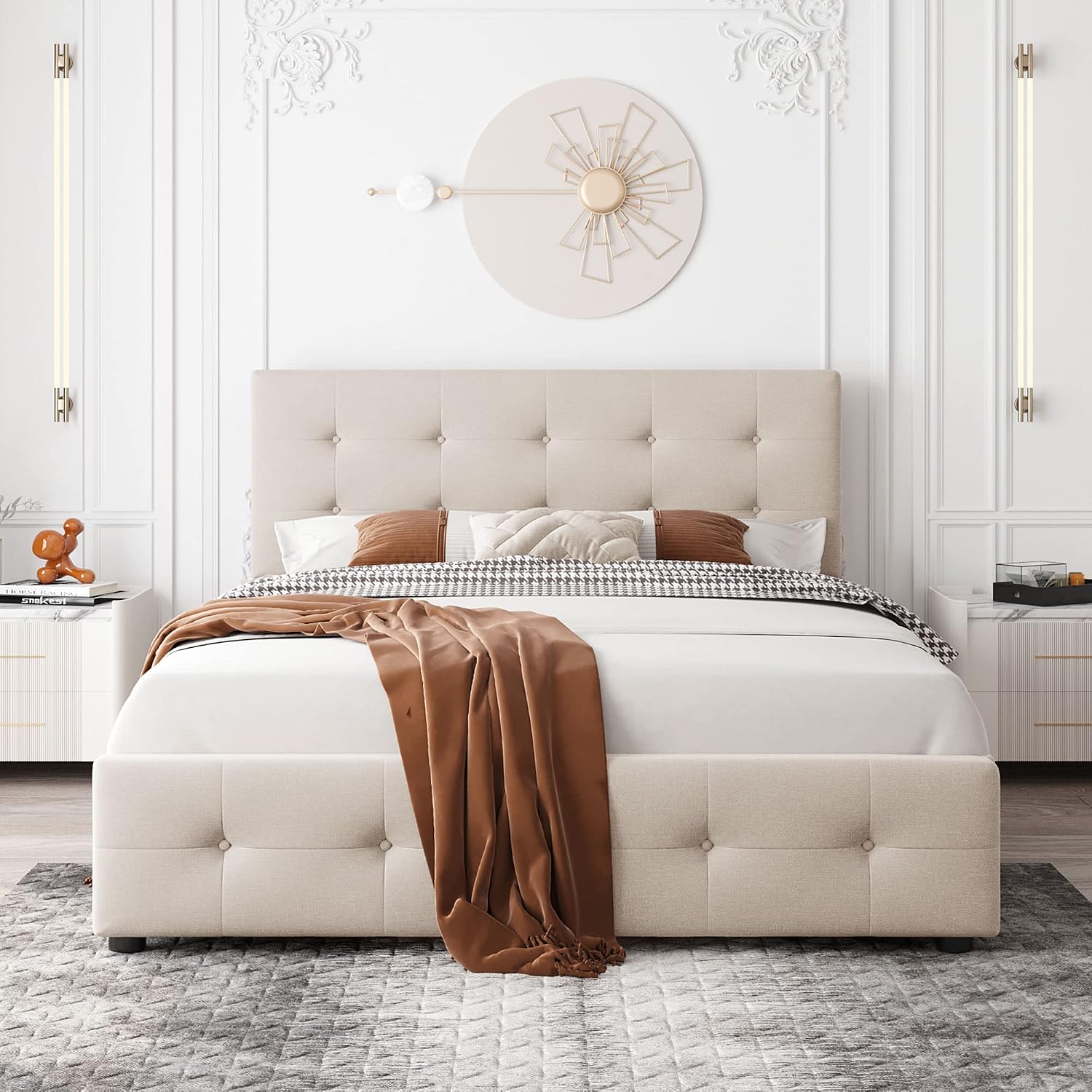 Merax Queen Size Beige Linen Fabric Upholstered Platform Bed with 4 Storage Drawers and Classic Headboard, No Box Spring Needed
