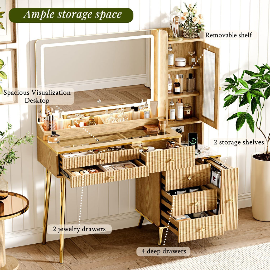 Arulvmrn Vanity Desk with 35.12' HD Lighted Mirror, 46.85' Big Modern Vanity Desk with Mirror and Lights, Makeup Vanity with 7 Drawers and Storage Shelves and Charging Station, Oak