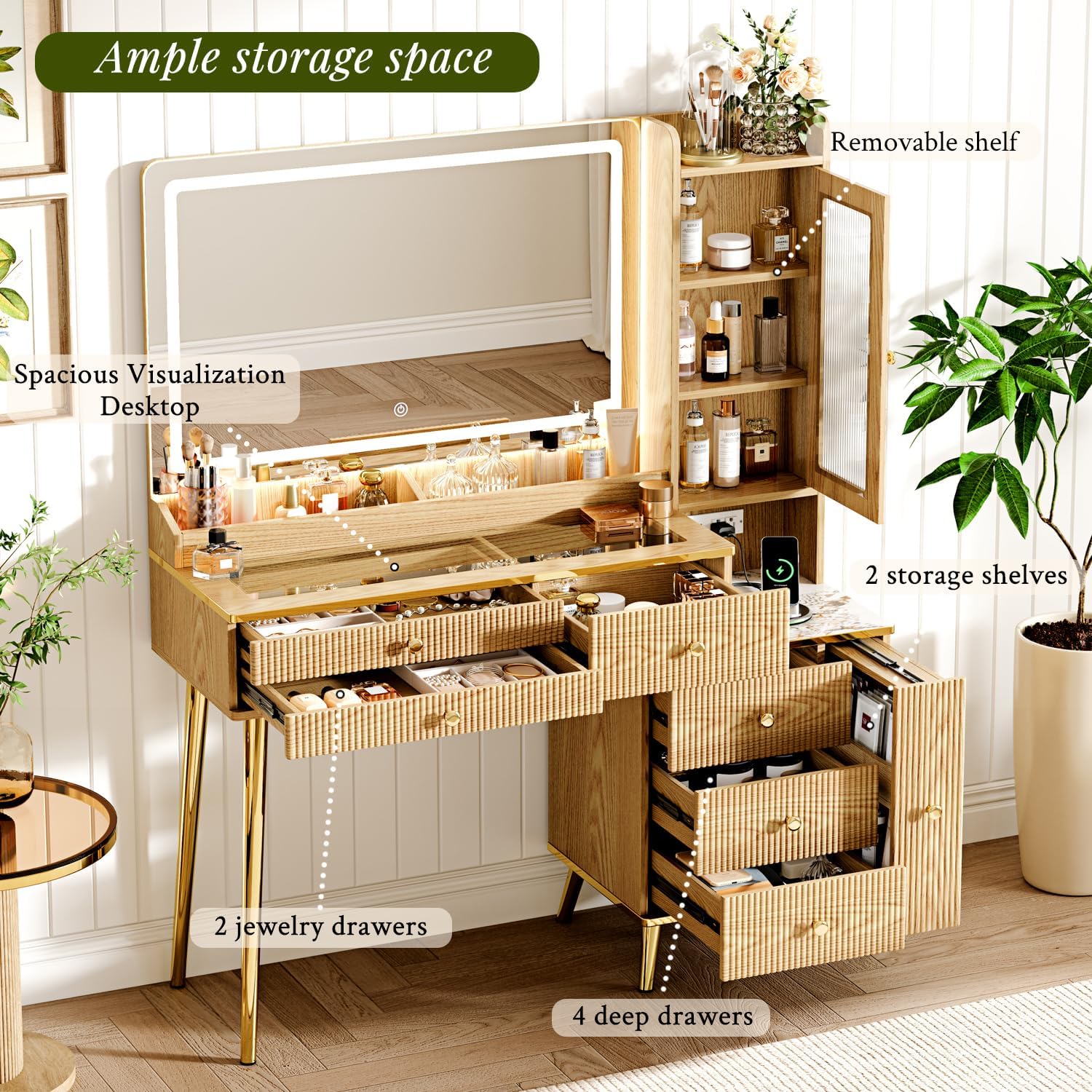 Arulvmrn Vanity Desk with 35.12' HD Lighted Mirror, 46.85' Big Modern Vanity Desk with Mirror and Lights, Makeup Vanity with 7 Drawers and Storage Shelves and Charging Station, Oak