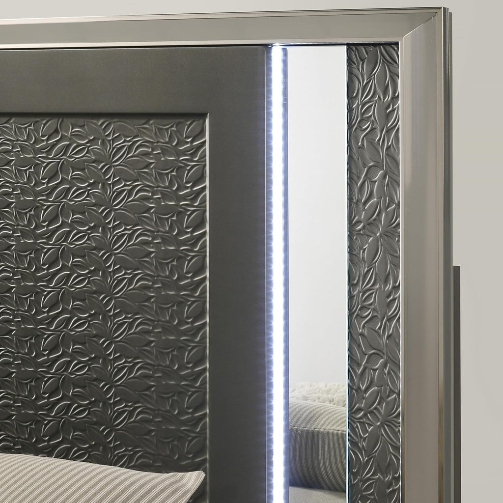 Furniture of America Uself Modern Solid Wood 5-Piece Bedroom Set with LED on Headboard and Mirror, Silver Bracketed Feet, Leaf Pattern Molding, No Box Spring Needed, King, Dark Gray