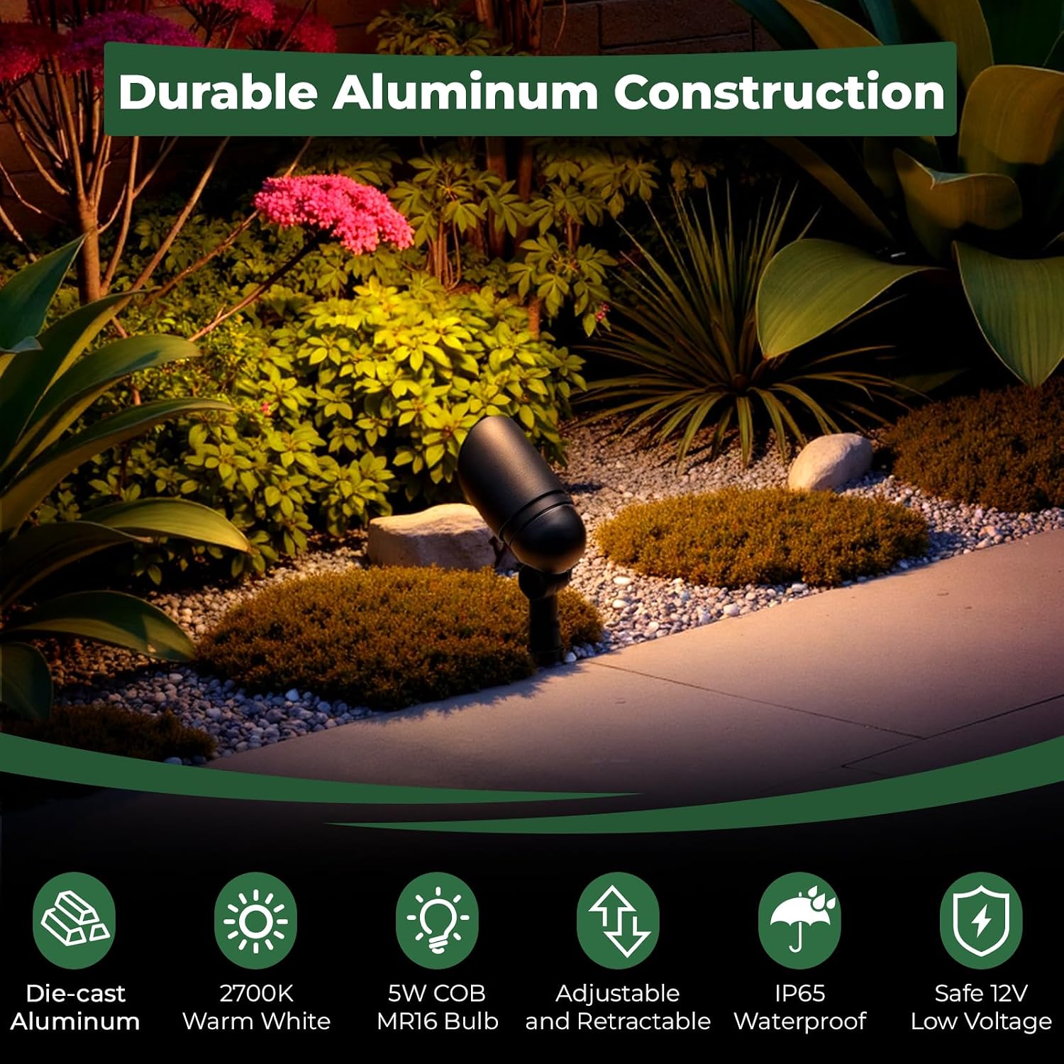 Gardencoin All-in-One LED Low Voltage Landscape Lighting Kit, 5W Spotlights with 200W Transformer 150ft Wire and 12 Fastlock Connectors, 2700K Waterproof Aluminum Fixture for House Tree Yard Garden